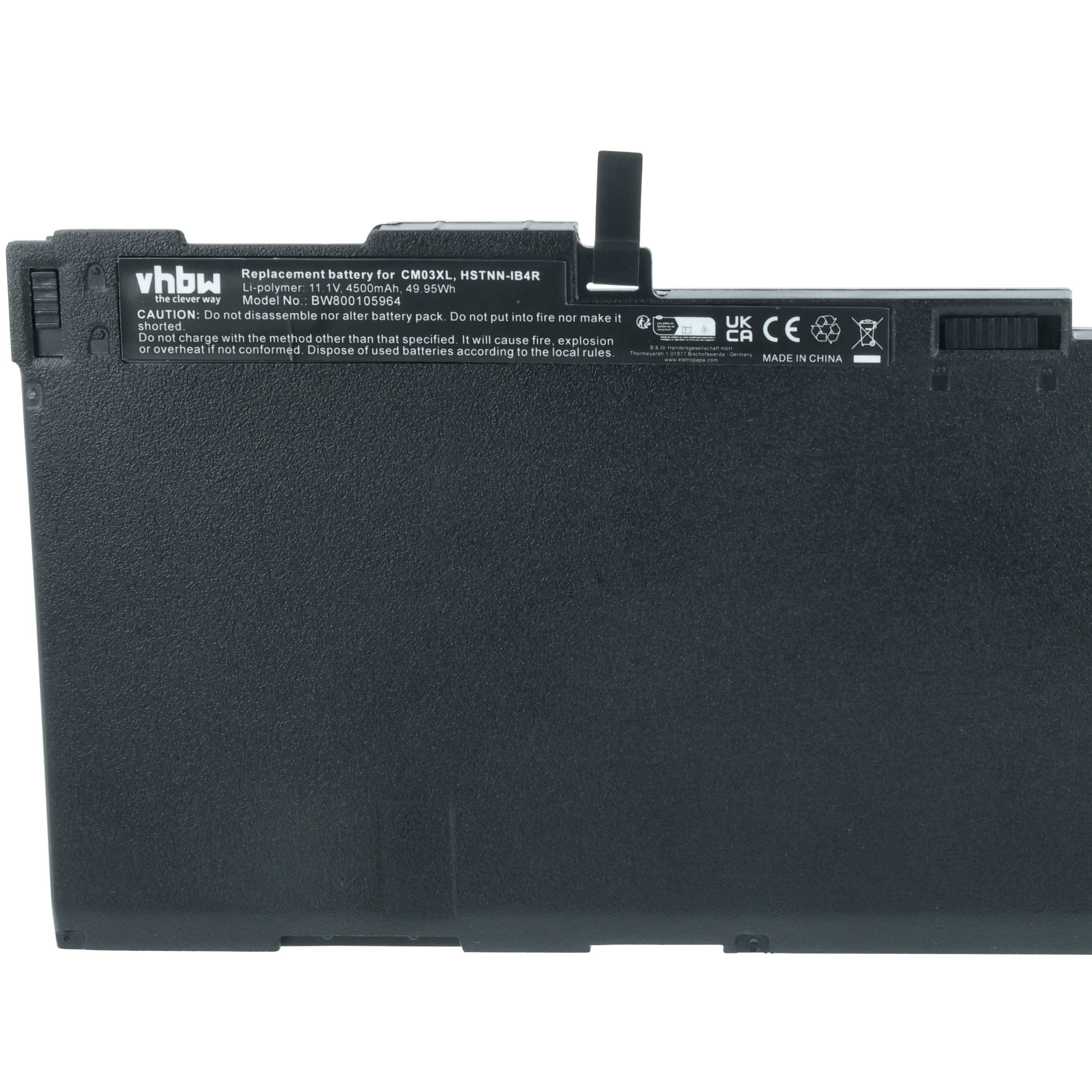 Schwarzer Laptop-Akku der Marke 'vhbw' für das Modell CMX3XL HT3HN-00R, mit Warnhinweisen zur sachgemäßen Verwendung und Entsorgung.