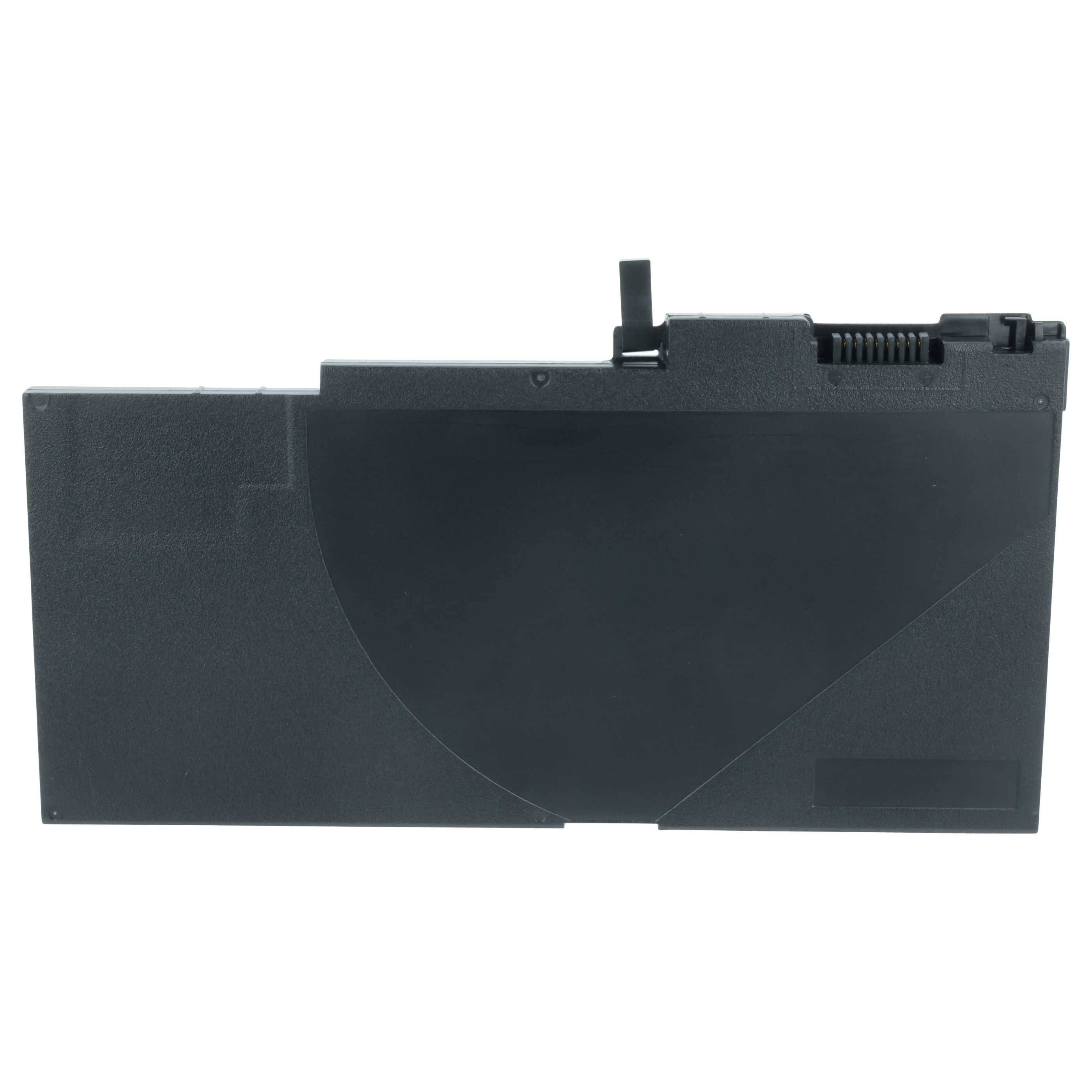 Eine schwarze Laptop-Batterie mit rechteckiger Form und Anschlüssen in der oberen rechten Ecke.