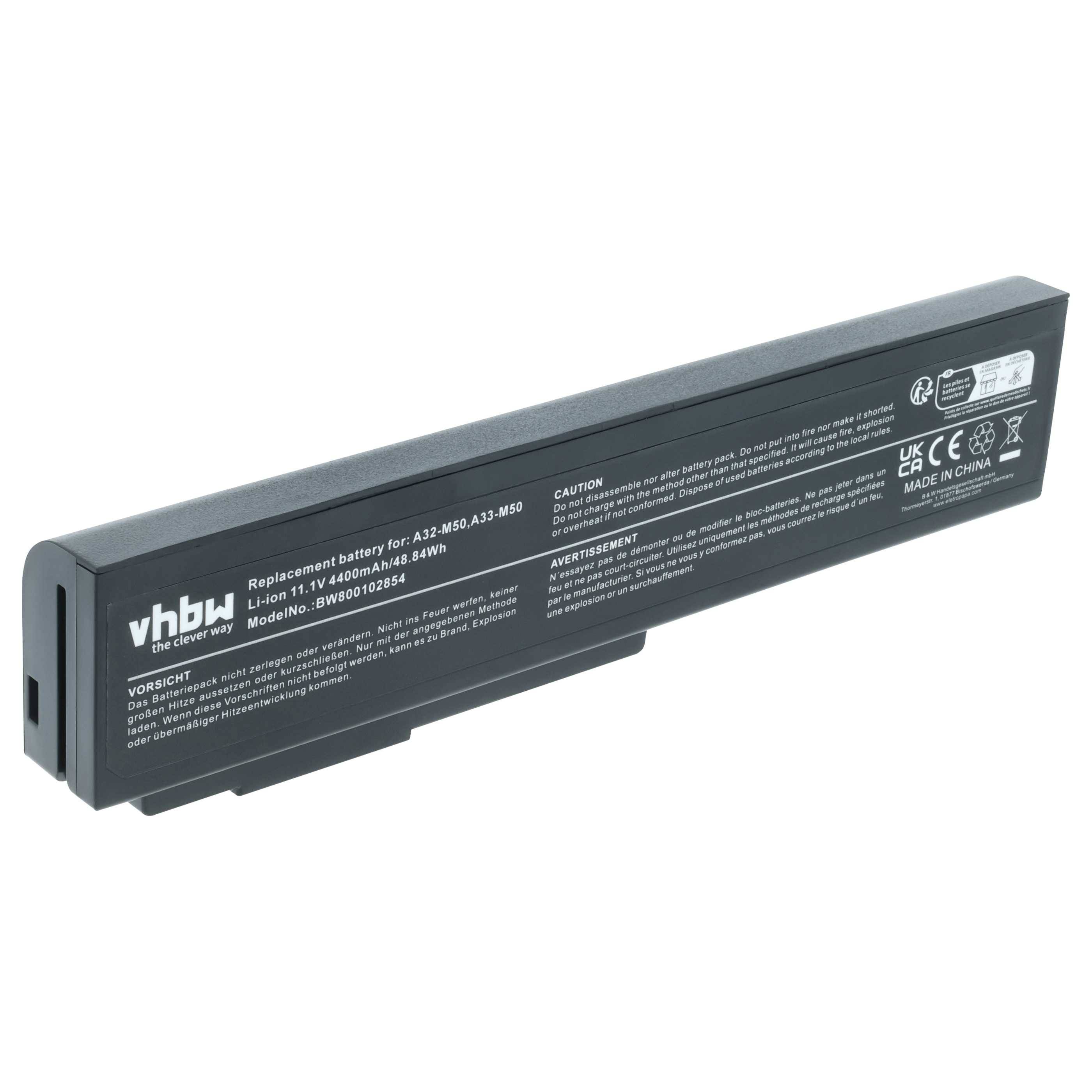 Eine schwarze vhbw Ersatz-Laptop-Batterie für A32-A80, A33-M50, Lithium-Ionen, 10,8V, 4400mAh, Modell IBV020204-489Y, mit Warnhinweisen.