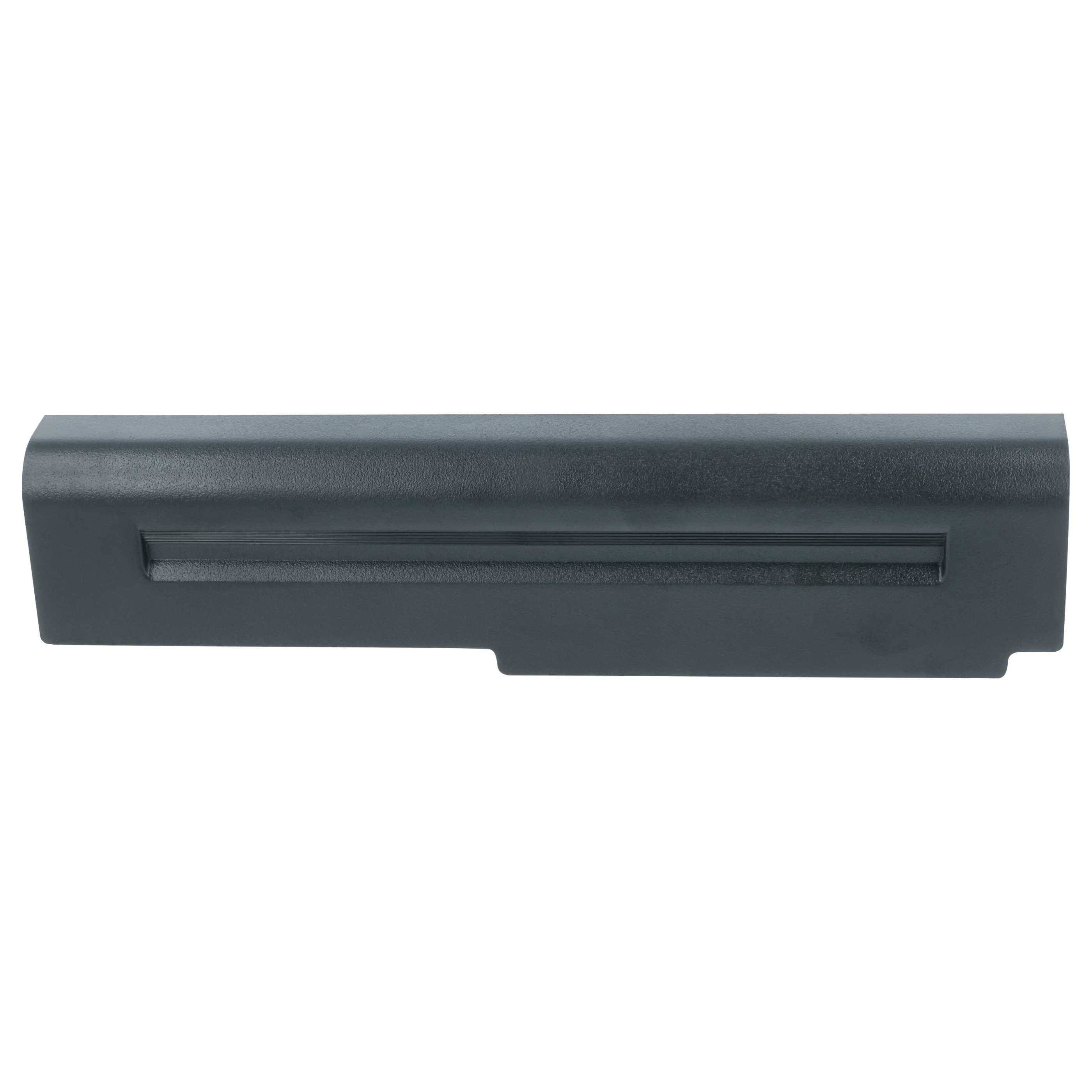 Eine schwarze Laptop-Batterie mit glatter Oberfläche, die so konzipiert ist, dass sie sich unter einem Laptop für die Stromversorgung einsetzen lässt.