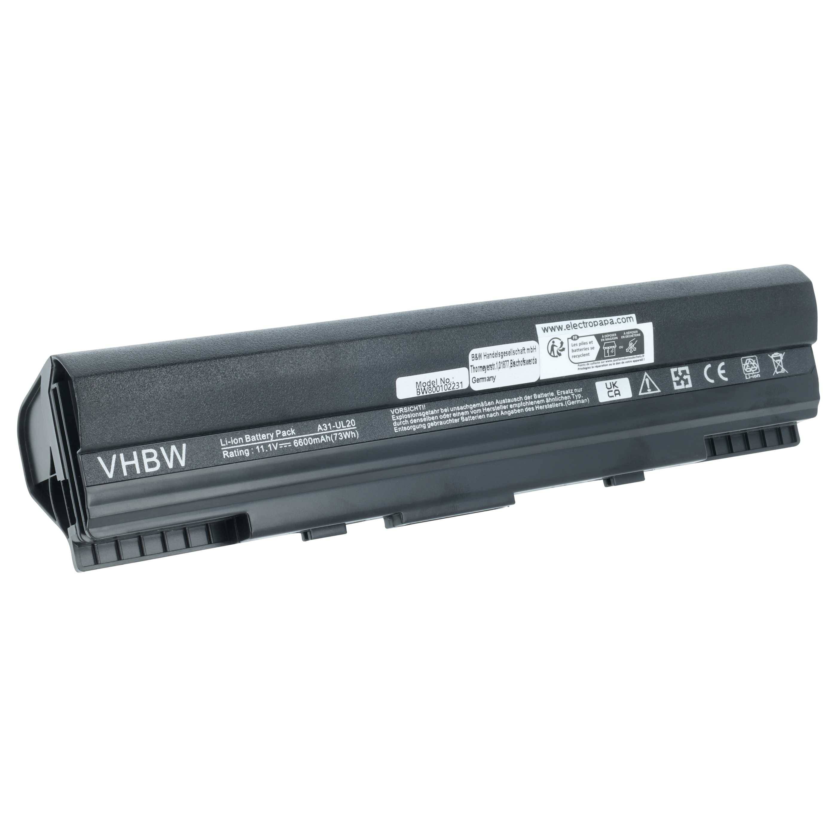 Eine rechteckige Lithium-Ionen-Laptop-Batterie mit der Beschriftung 'VHBW', auf der technische Spezifikationen und Sicherheitssymbole gedruckt sind.