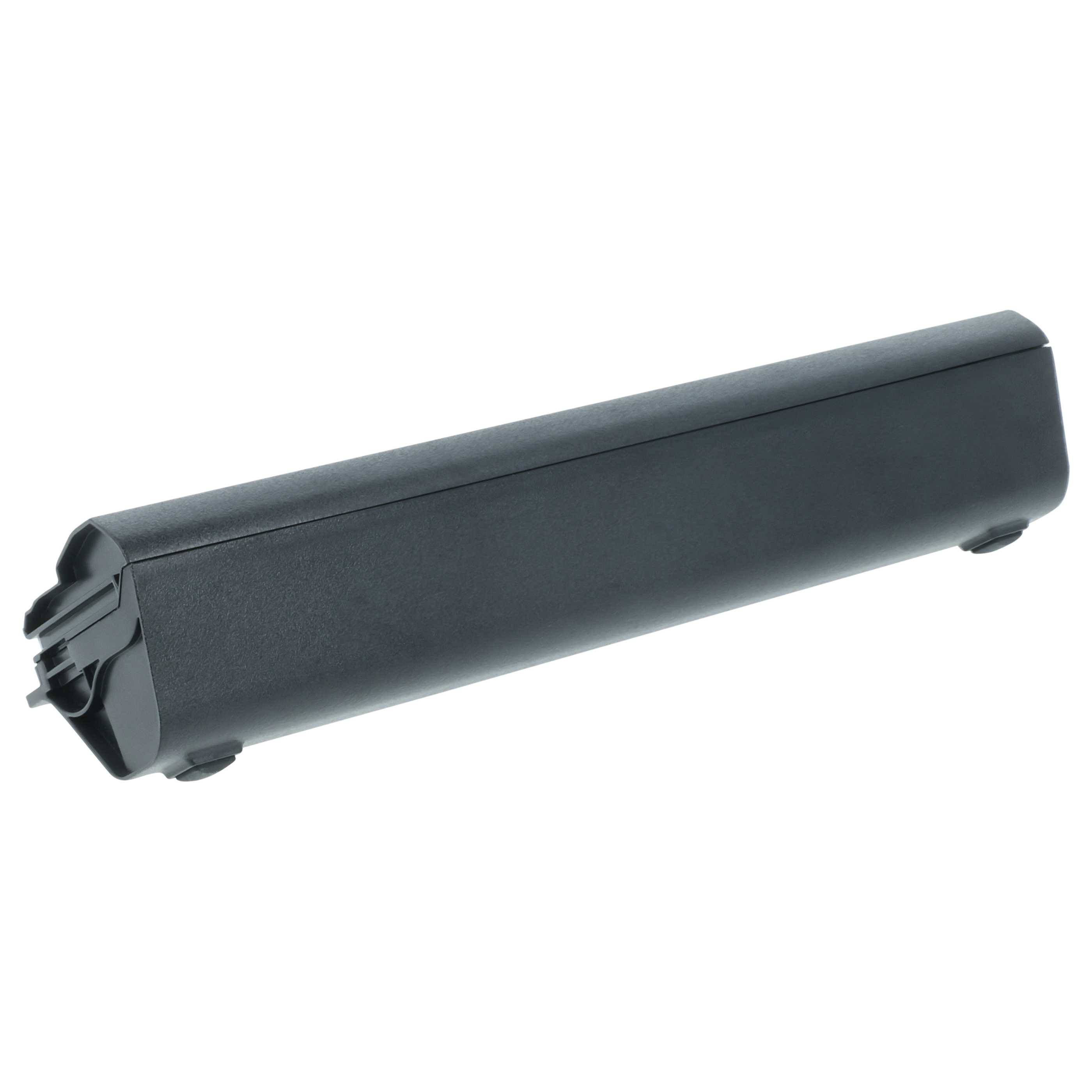 Ein schwarzer rechteckiger Akkupack für ein elektronisches Gerät mit Anschlussklemmen an einem Ende.