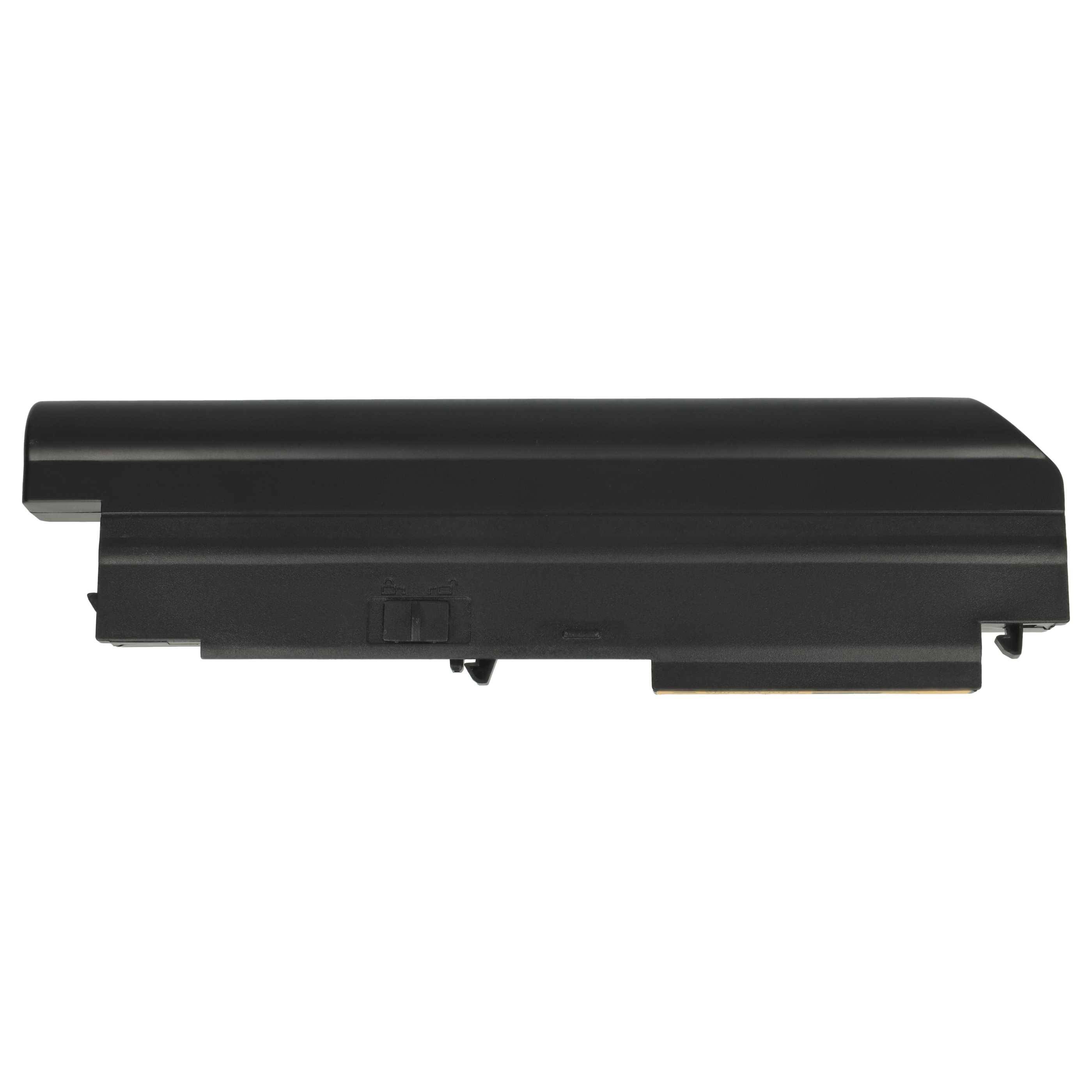 Schwarze Laptop-Batterie von der Seite betrachtet, die Anschlussanschlüsse zeigt.