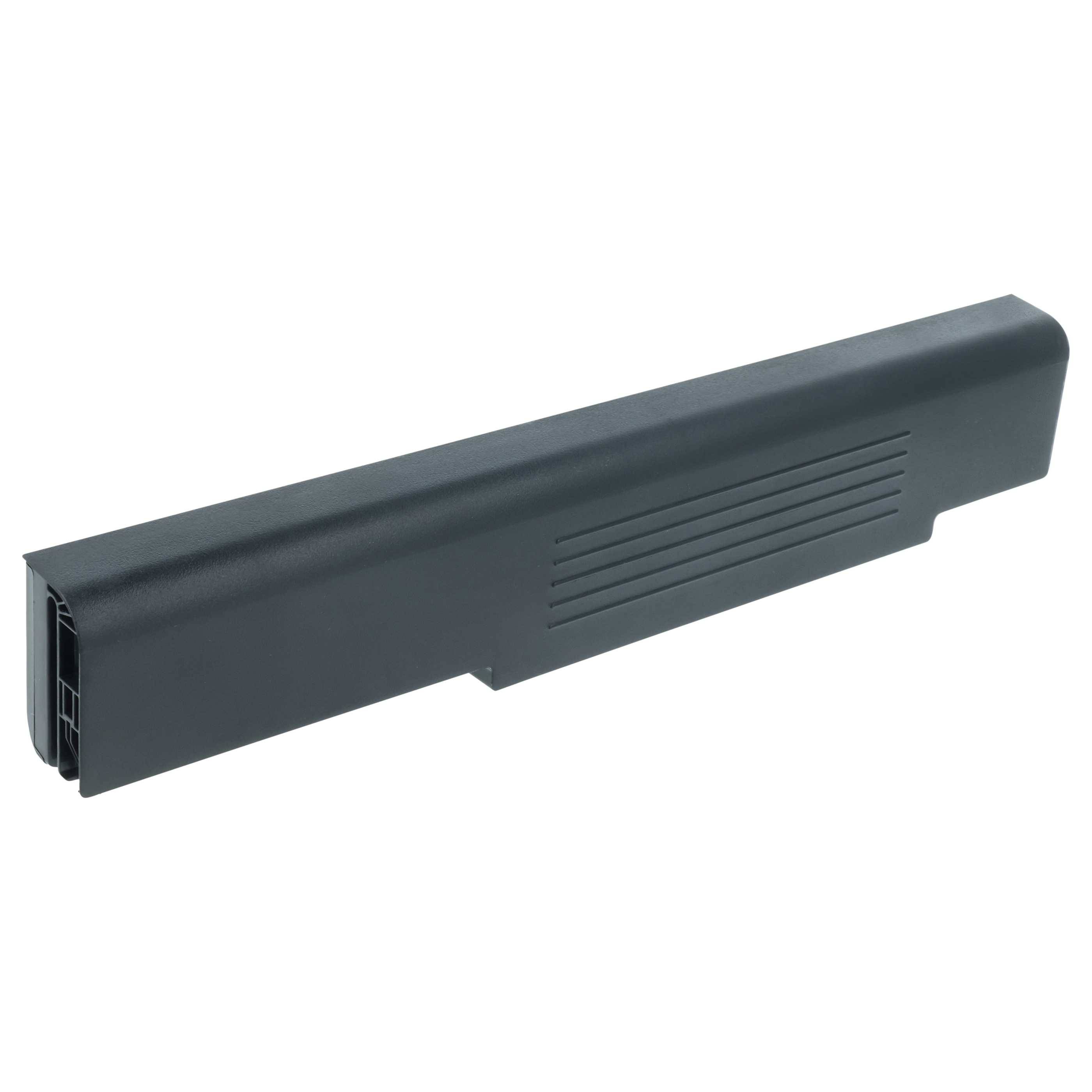 Eine rechteckige schwarze Laptop-Batterie mit gerippten Konturen an der Seite, konzipiert als Ersatz- oder Ersatzteil für kompatible Geräte.