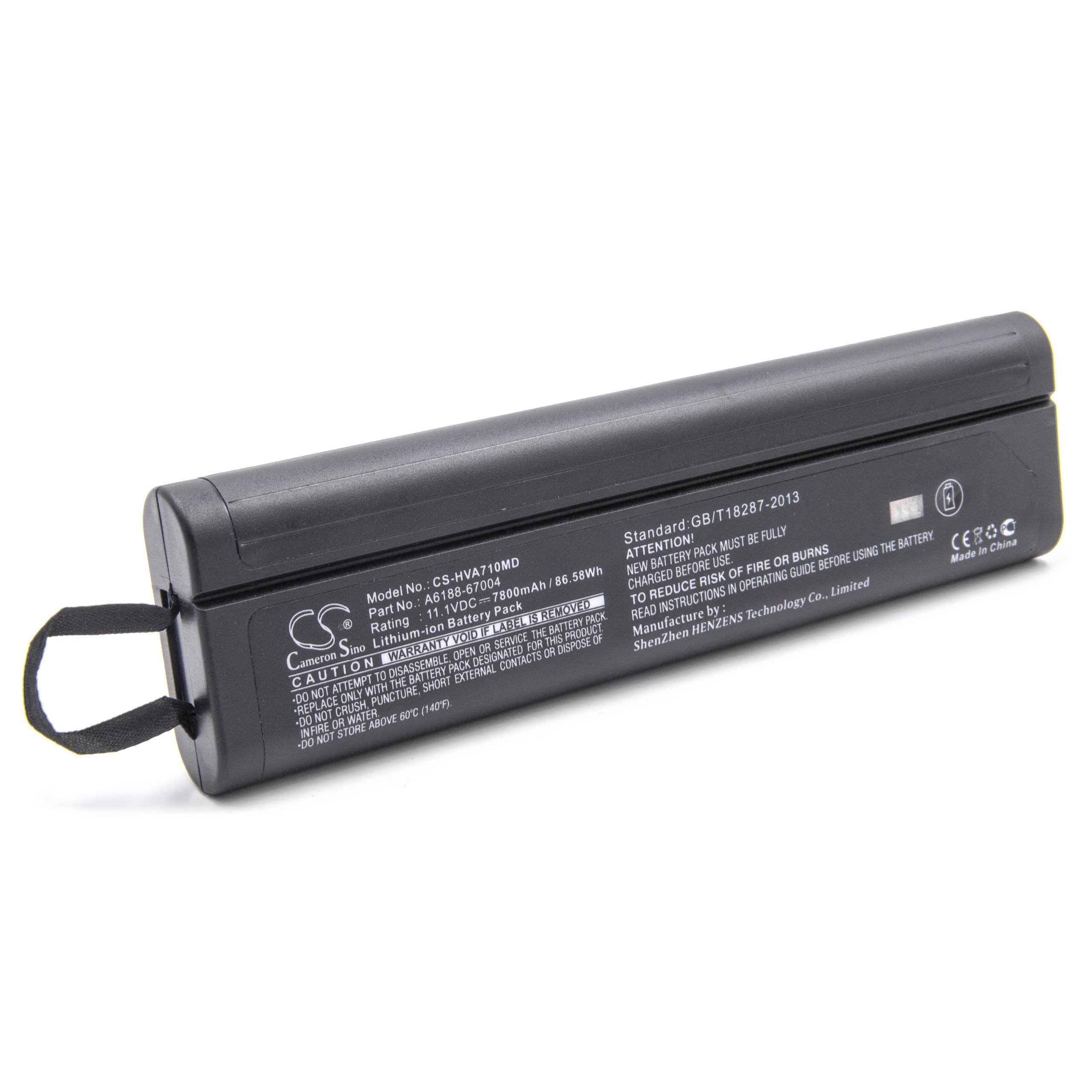 Schwarzes wiederaufladbares Batteriepaket mit Lasche zum Abziehen und gedruckten Sicherheitsetiketten, dargestellt auf weißem Hintergrund.