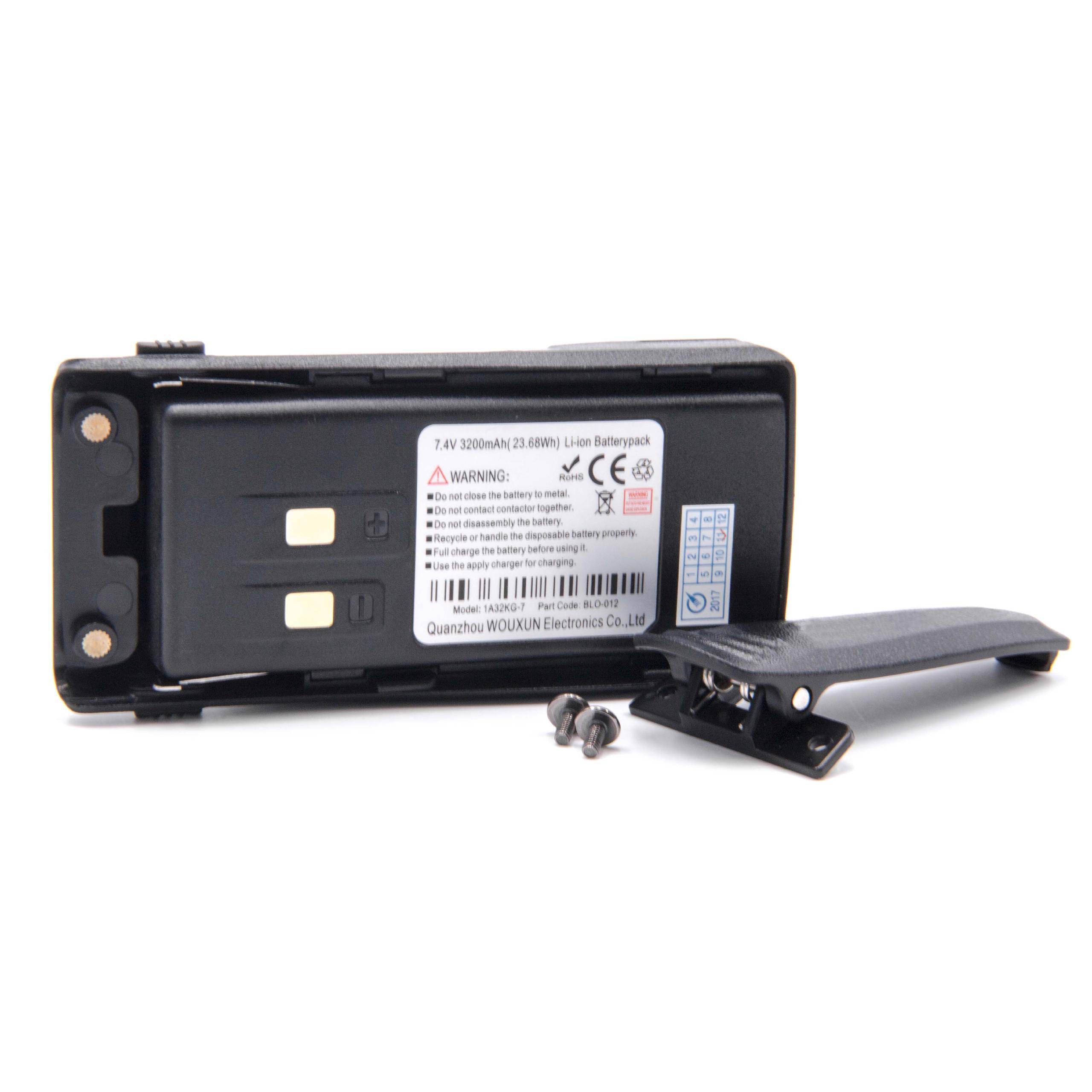 vhbw Akku Ersatz für Wouxun BLO-012, BLO-010, BAT-9P für Funkgerät, Walkie Talkie (3200 mAh, 7,4 V, Li-Ion) + Gürtelclip