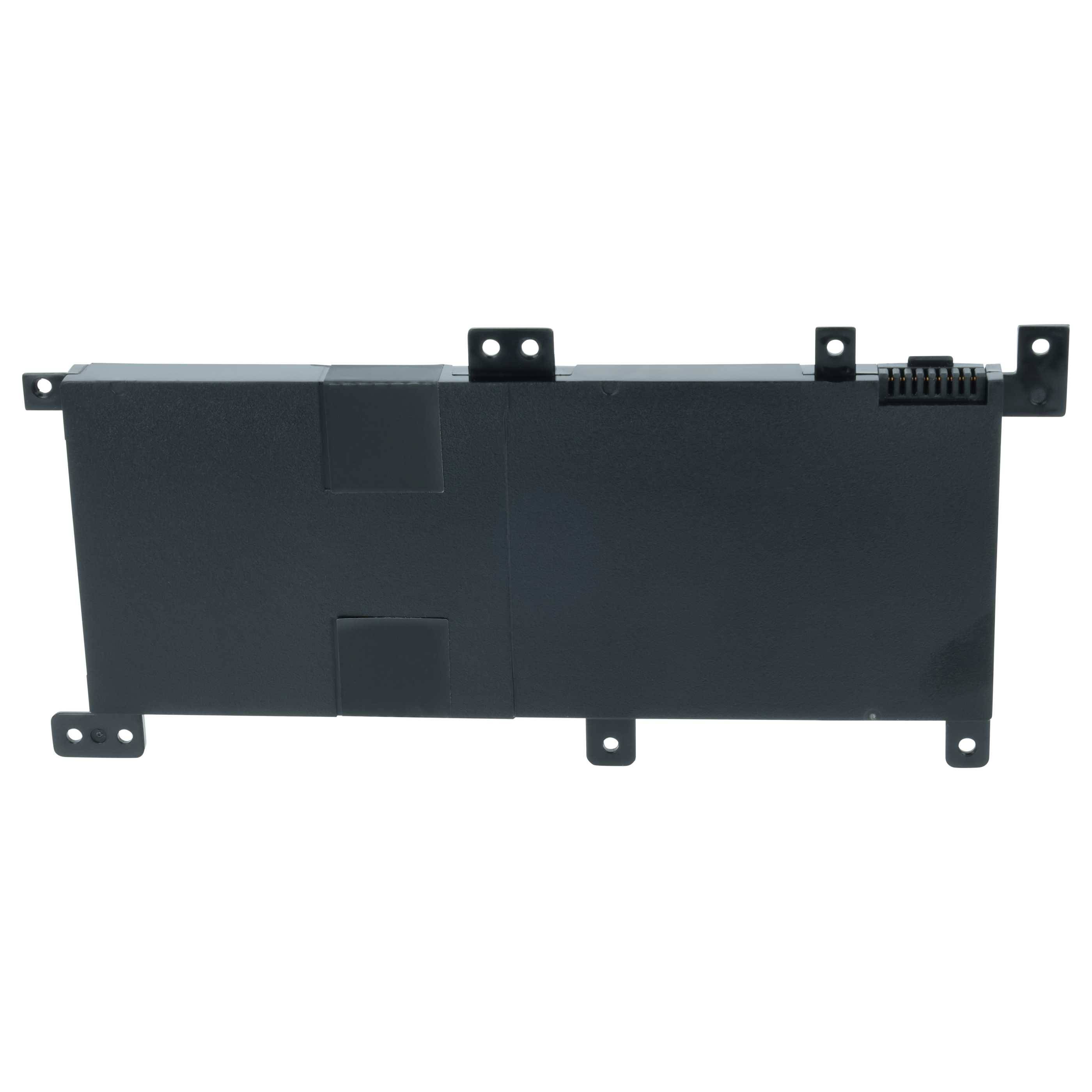 Eine rechteckige schwarze Laptop-Batterie mit Montagelaschen und einem Anschlussport auf einer Seite.