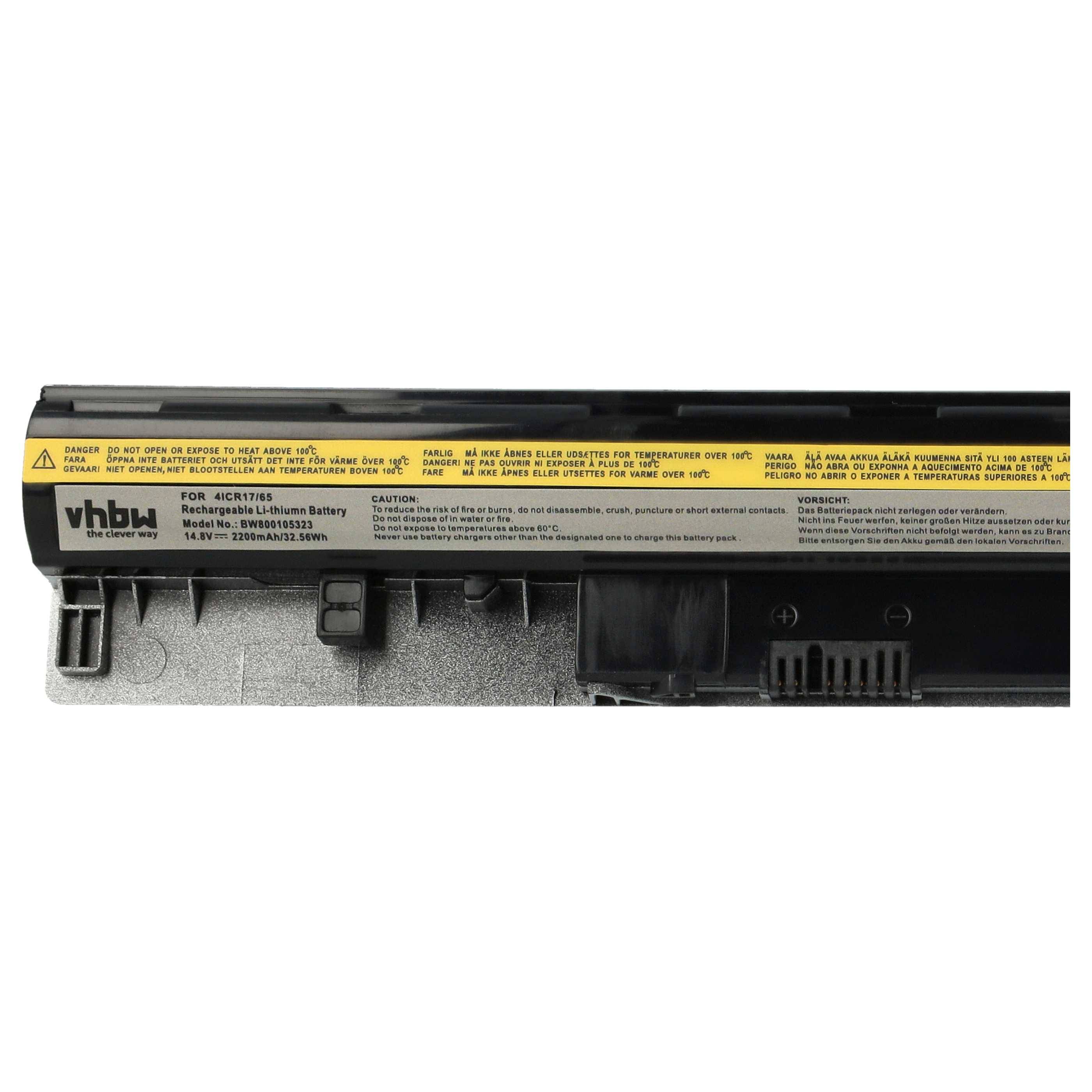 Laptop-Akku von 'vhbw' mit Sicherheitsanweisungen auf dem Etikett, Modell '4CRH15', 11,1V, 2850mAh, 31,7Wh.