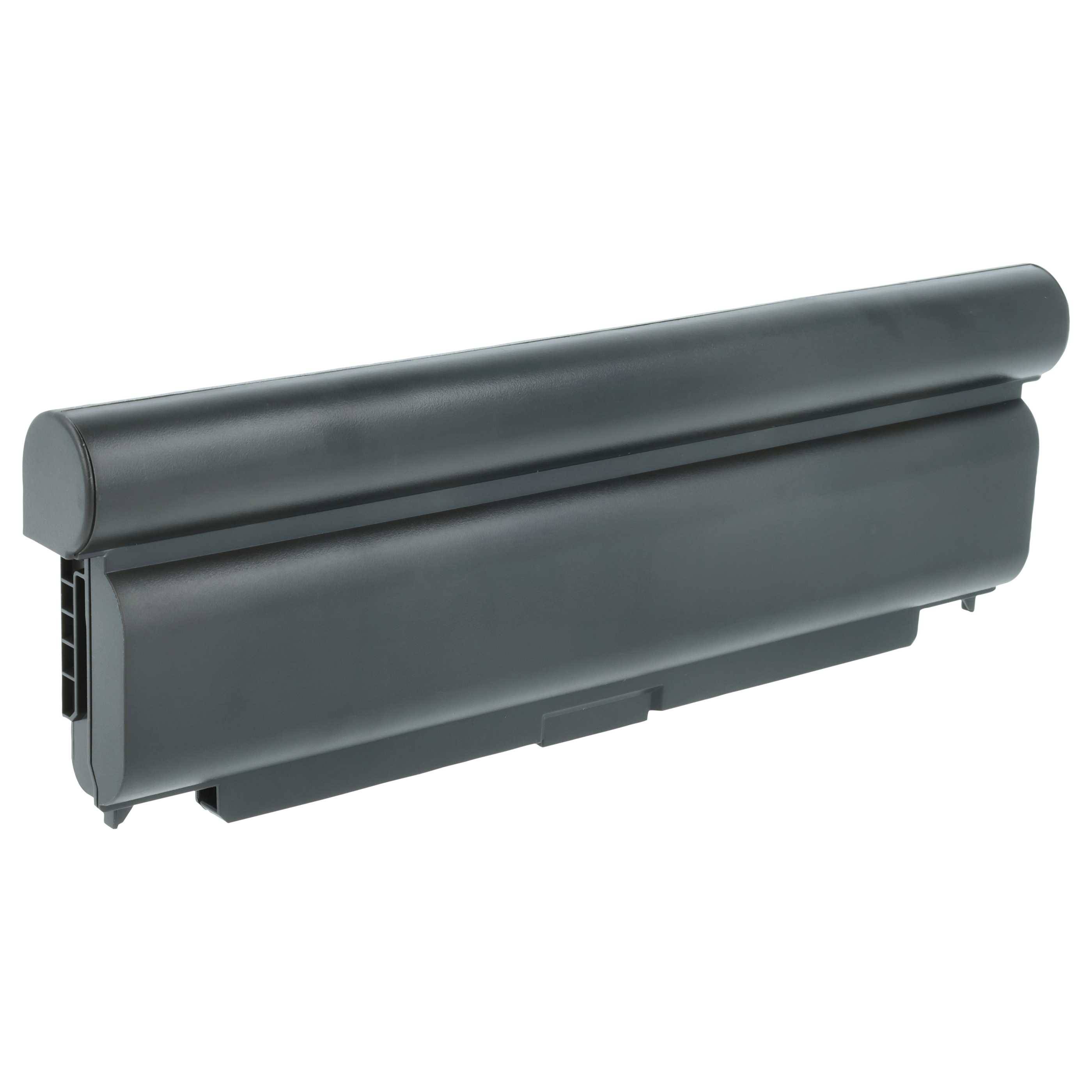 Ein flaches, rechteckiges, dunkelgraues wiederaufladbares Batteriepack mit einem zylindrischen Oberteil und Anschlussschlitzen an der Seite.