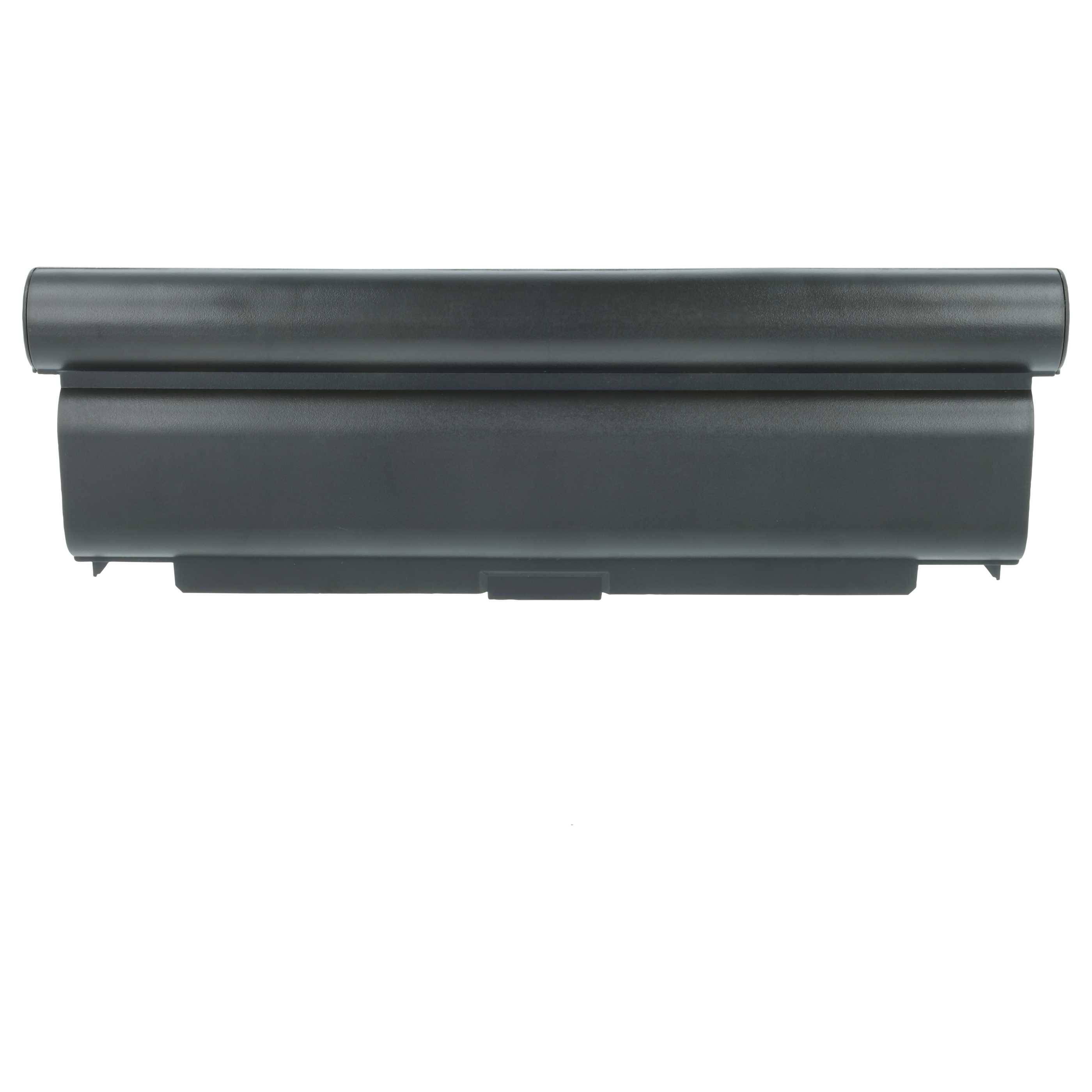 Eine schwarze Laptop-Batterie, von vorne betrachtet, die ihre rechteckige Form und glatte Oberfläche präsentiert.