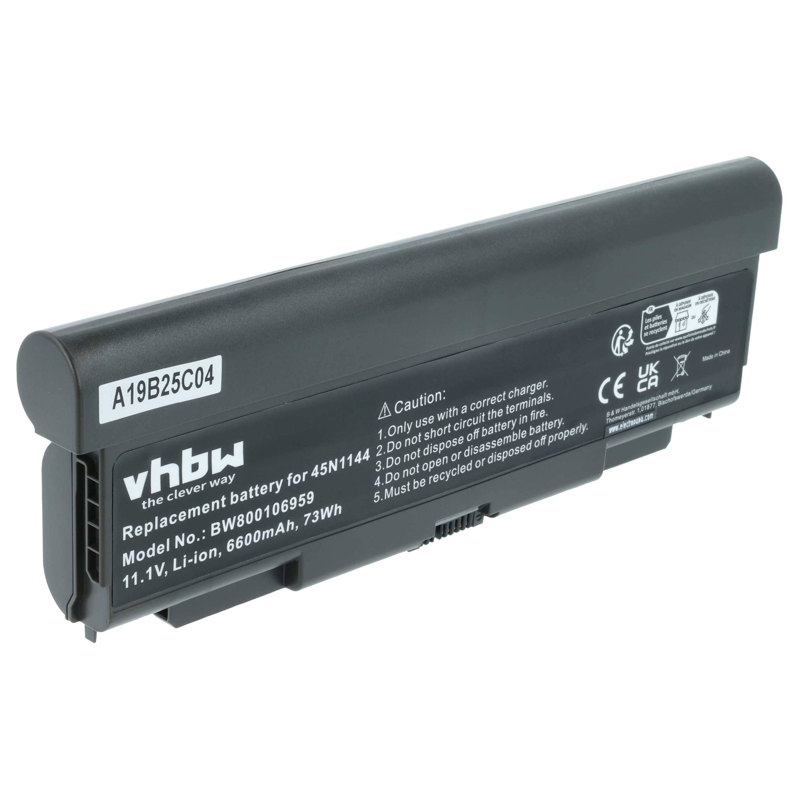 Ein schwarzer Laptop-Akku mit der Aufschrift 'vhbw, der clevere Weg', Modell BW800106599, 11,1V, 6600mAh, 73Wh, mit Gebrauchs- und Sicherheitshinweisen.