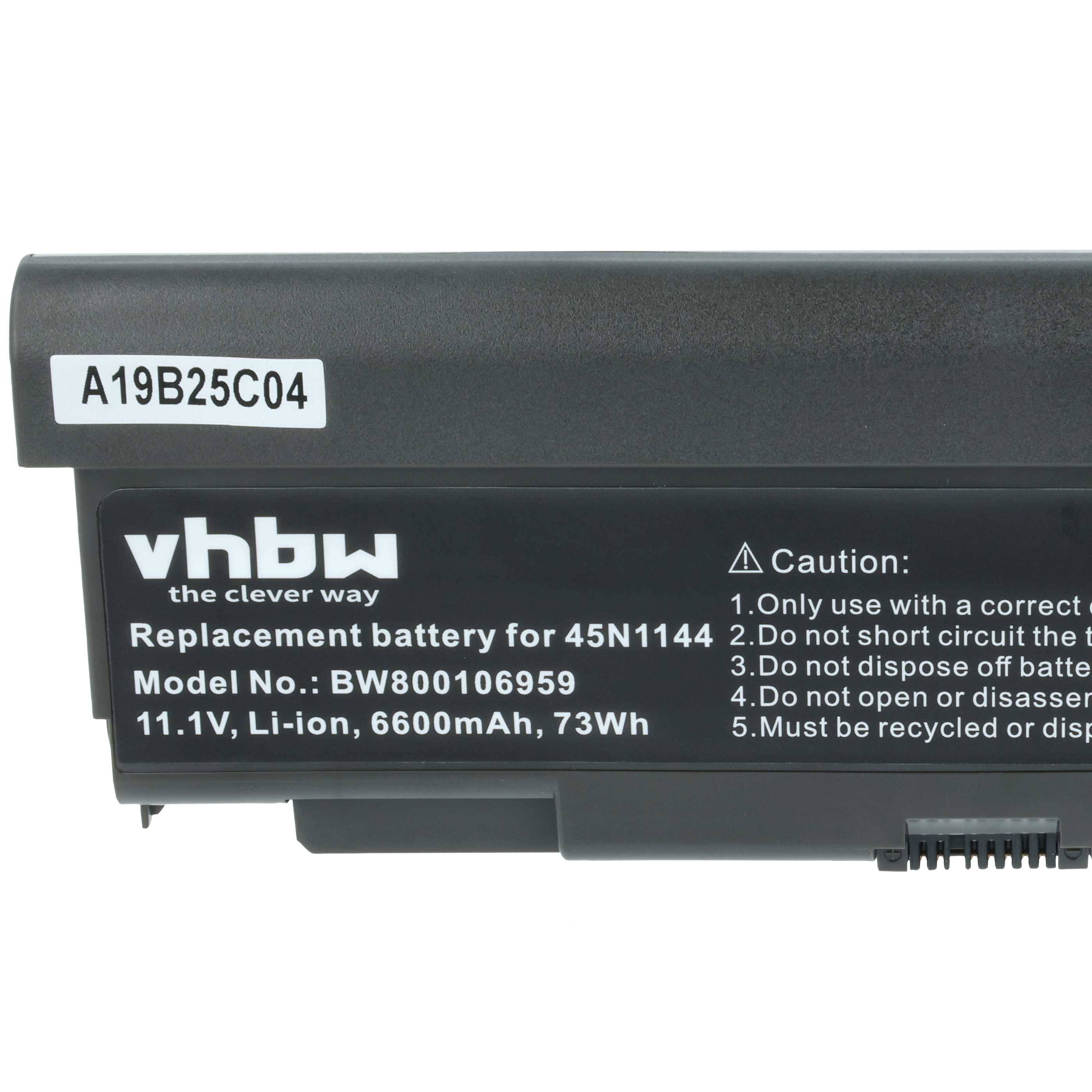 Batterie für 45N1144 Geräte, Modell VBW8001060959, Li-Ion, 11,1V, 6600mAh, 73Wh. Warnung: Folgen Sie den Anweisungen, um Gefahren zu vermeiden.