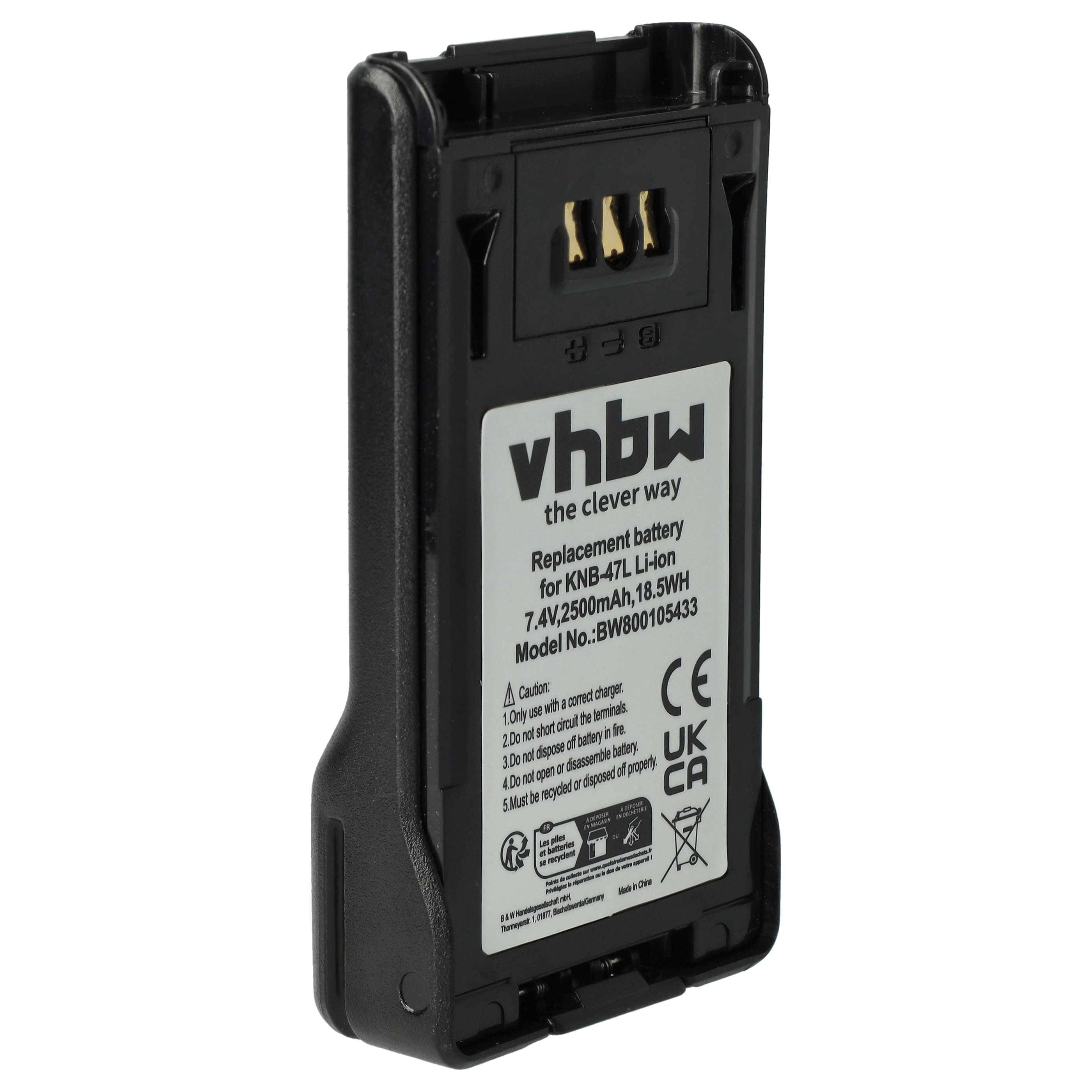 Eine schwarze rechteckige Ersatzbatterie für KNB-47L, 7,4V 2500mAh, mit sichtbarem Markenlabel und Zertifizierungen auf der Vorderseite.