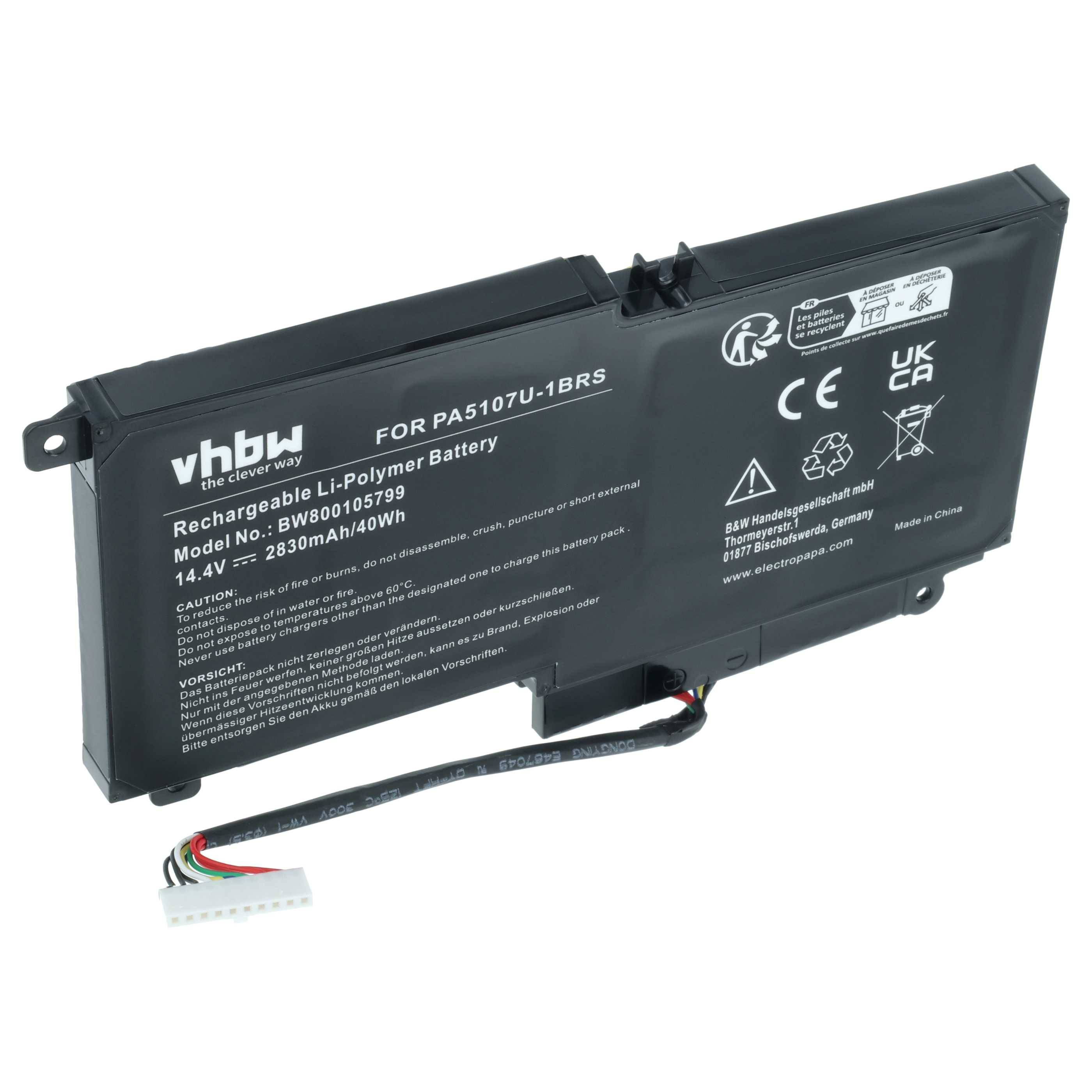 Wiederaufladbare Li-Polymer-Batterie für PAS107U-1BRS, Modell BBW8A105799, 14,4V, 2630mAh/40Wh, mit Sicherheitssymbolen und Anschlussleitung.
