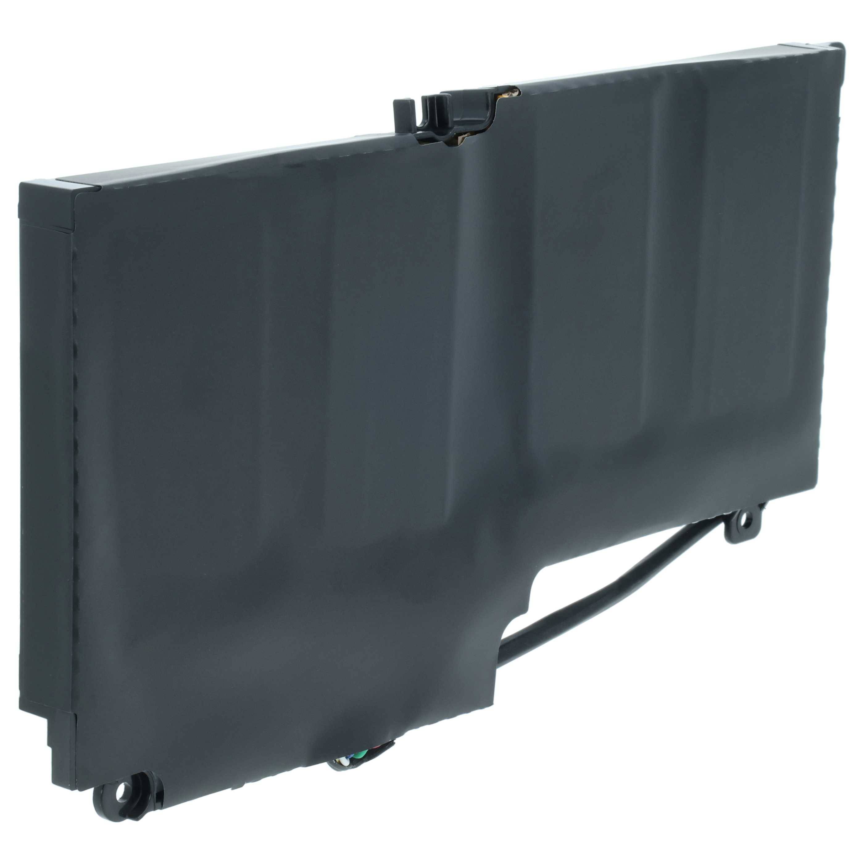 Eine schwarze Lithium-Ionen-Laptop-Batterie mit rechteckiger Form und sichtbaren Verbindungskabeln.