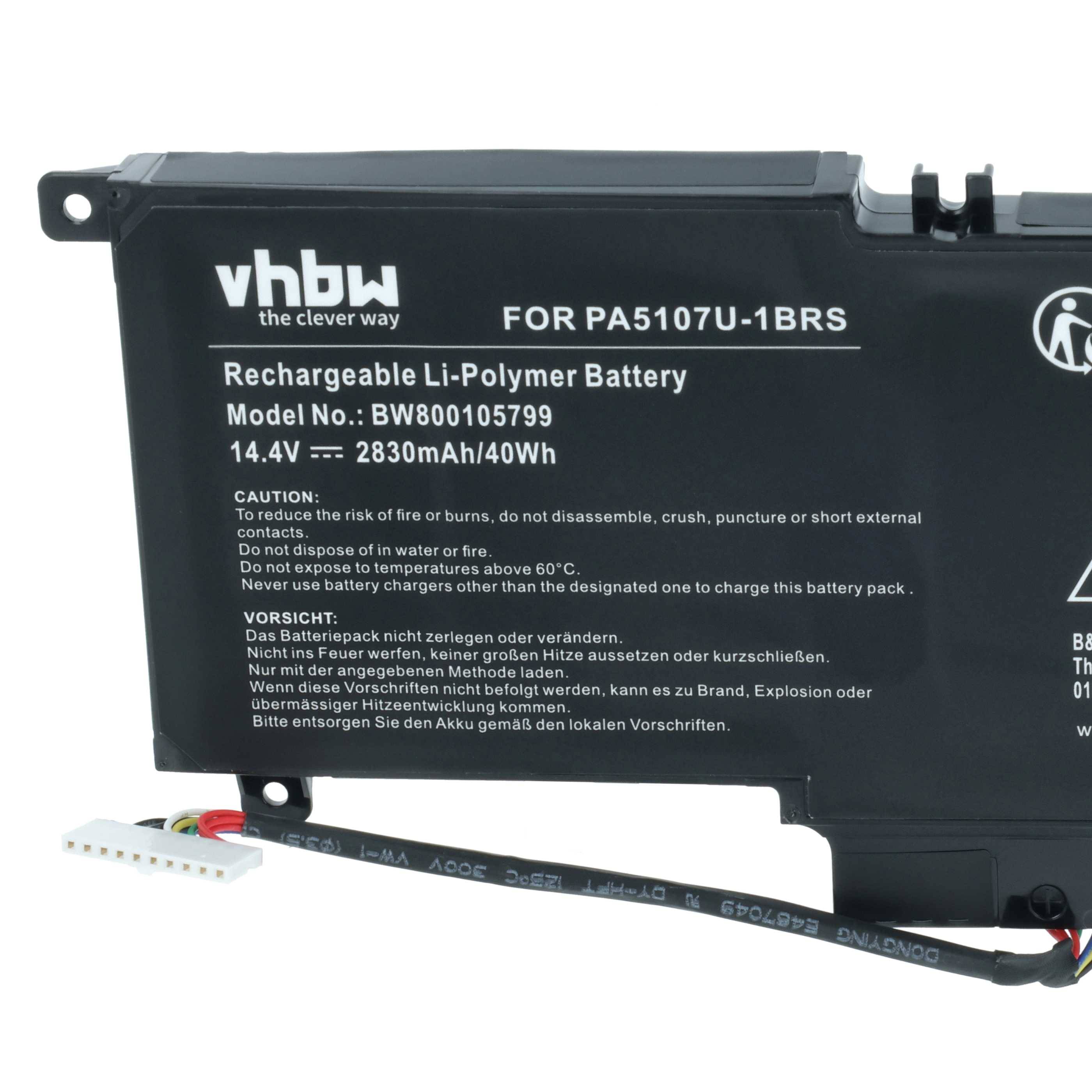 Wiederaufladbare Li-Polymer-Batterie für PA5107U-1BRS, 14,8V, 2830mAh/40Wh, schwarzes Etikett mit Sicherheitsanweisungen und Firmenbranding.