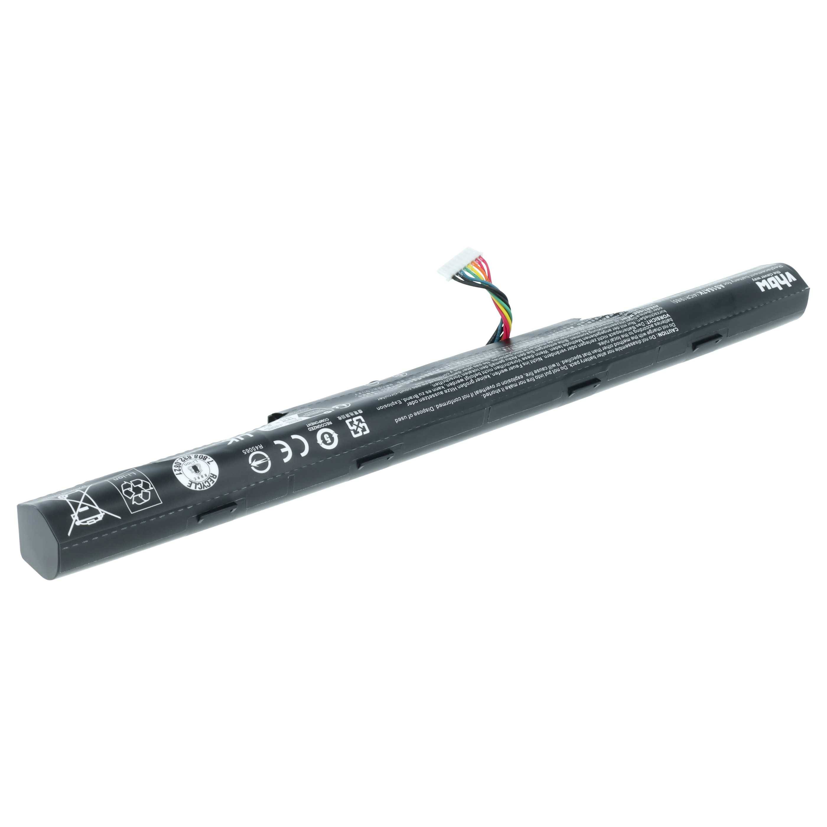 Eine schwarze zylindrische Laptop-Batterie mit verschiedenen Sicherheits- und Recycling-Symbolen und einem mehrfarbigen Anschluss-Kabel.