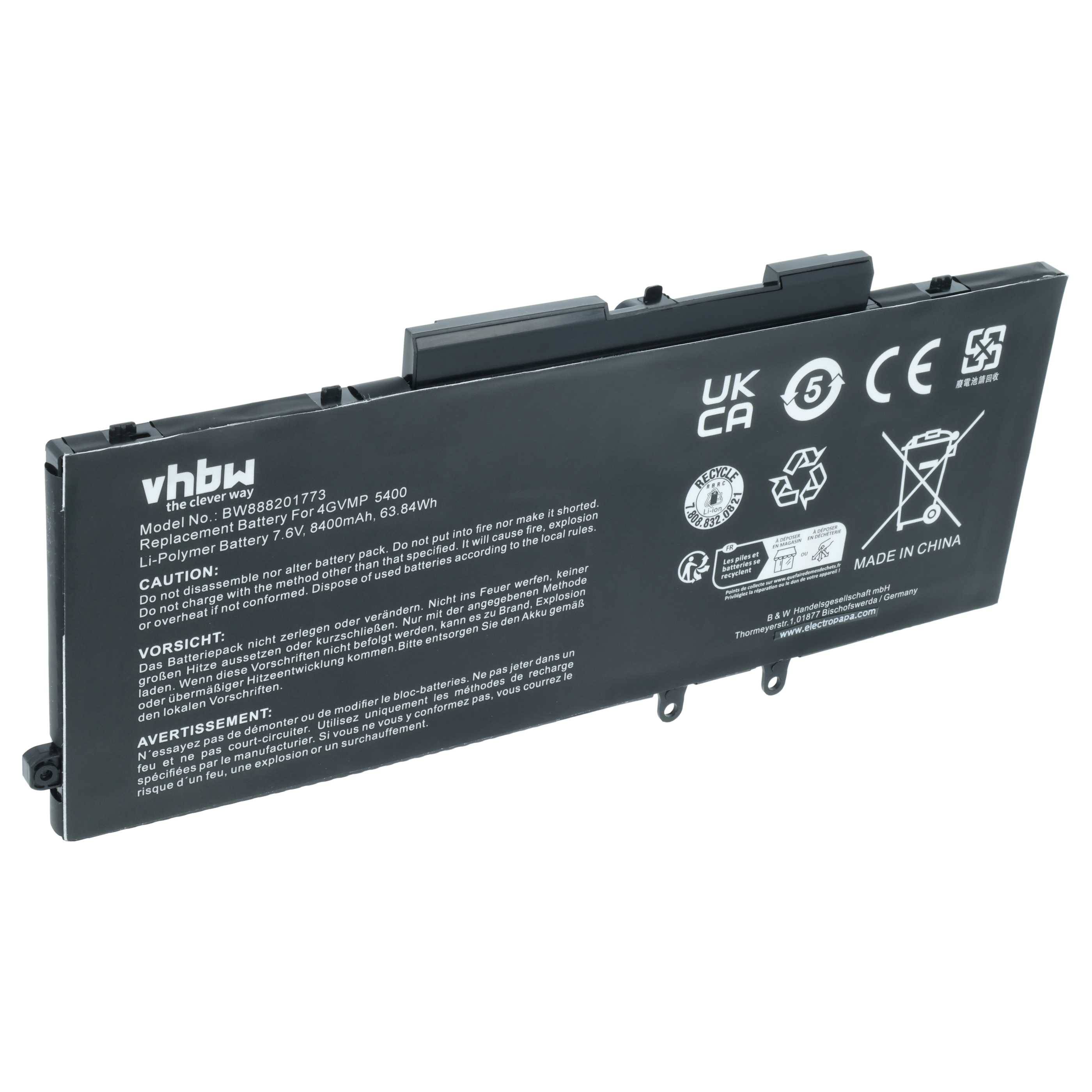 vhbw Akku Ersatz für Dell 09JRYT, 0C5GV2, 0X77XY, 4GVMP, X77XY für Notebook (8400 mAh, 7,6 V, Li-Ion)