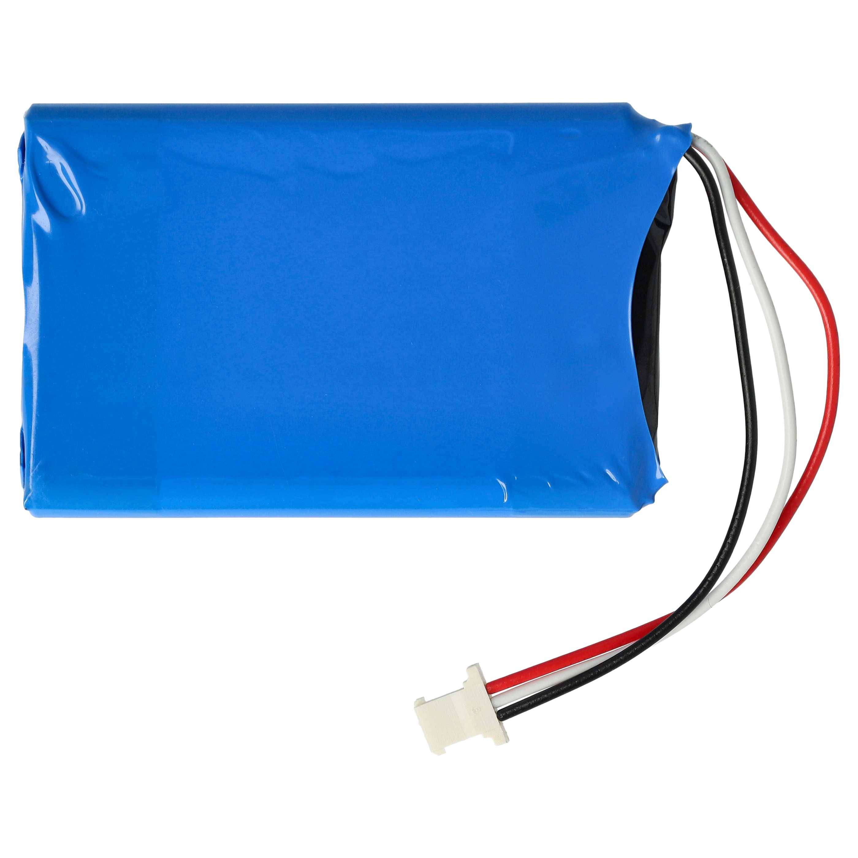 Eine blaue, rechteckige Lithium-Polymer-Batterie mit roten, schwarzen und weißen Drähten und einem weißen Anschluss.