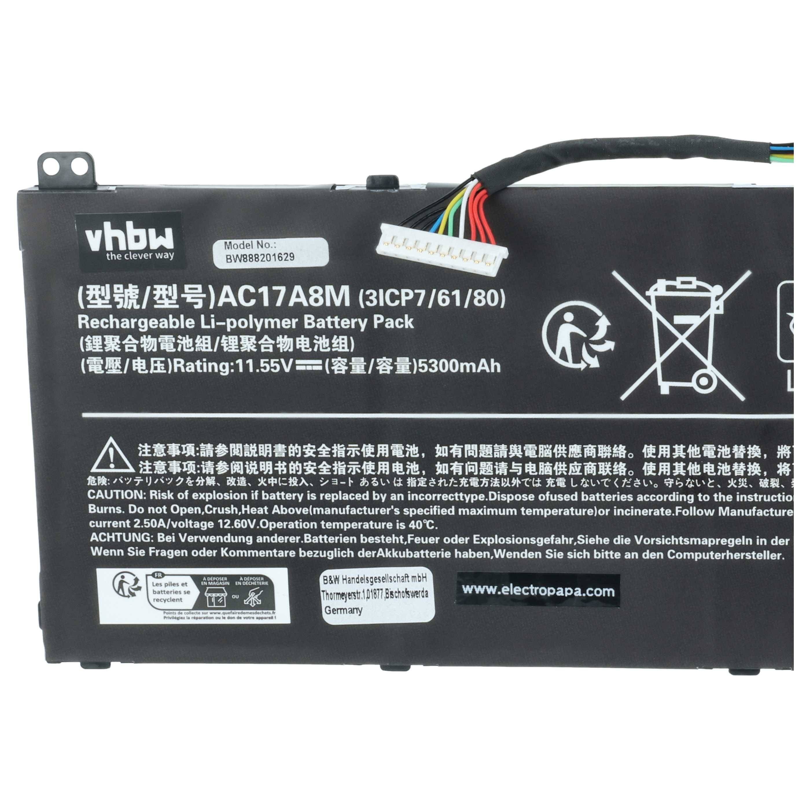 vhbw Akku kompatibel mit Acer Spin 3 SP314-52-549T, SP314-52-52JK, SP314-52-5565, SP314-52-54R2 Notebook (5300 mAh, 11,55 V, Li-Ion)