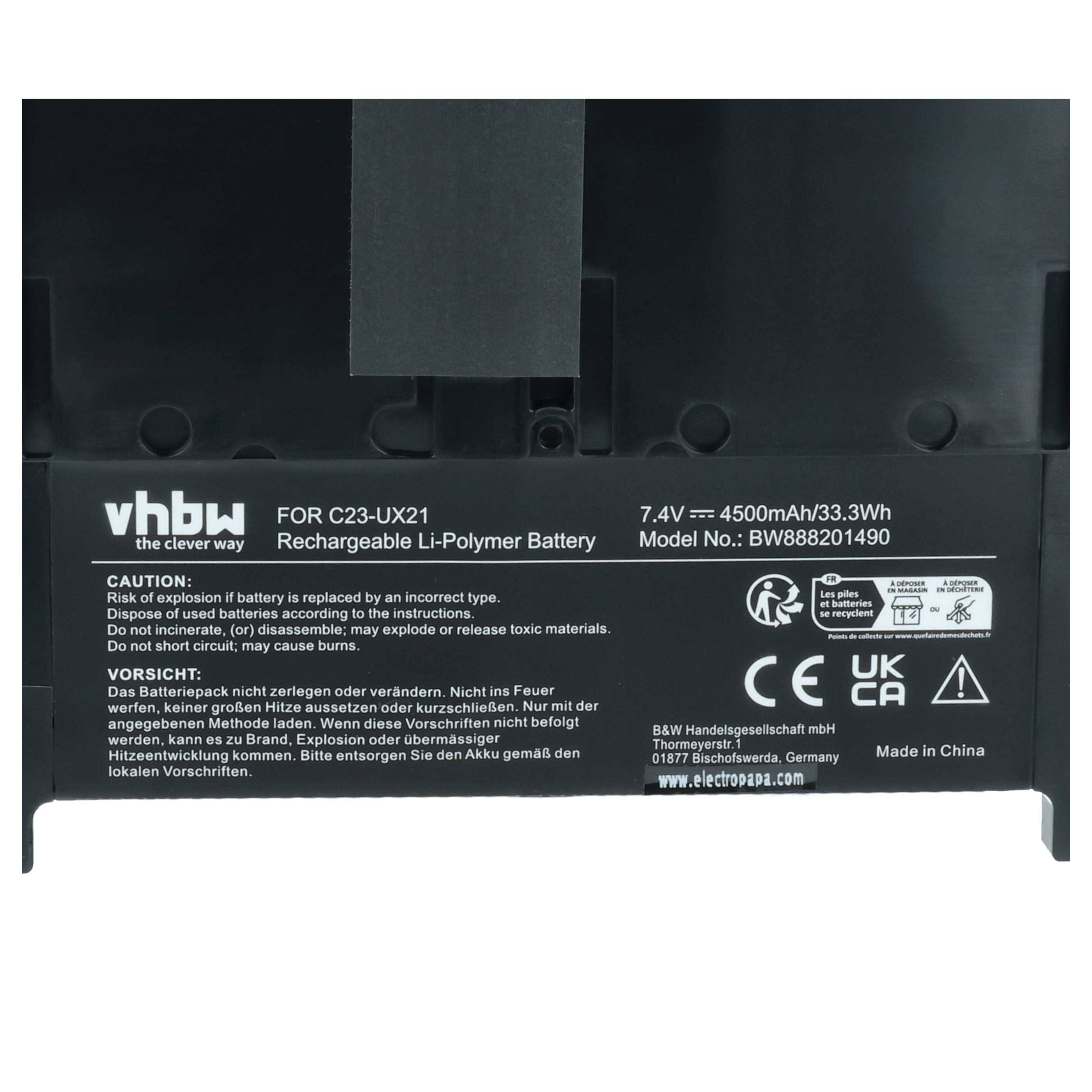 vhbw Akku kompatibel mit Asus ZenBook UX21E-KX008X, UX21E-KX008V, UX21E-KX010V, UX21E-KX009V Notebook (4500 mAh, 7,4 V, Li-Polymer)