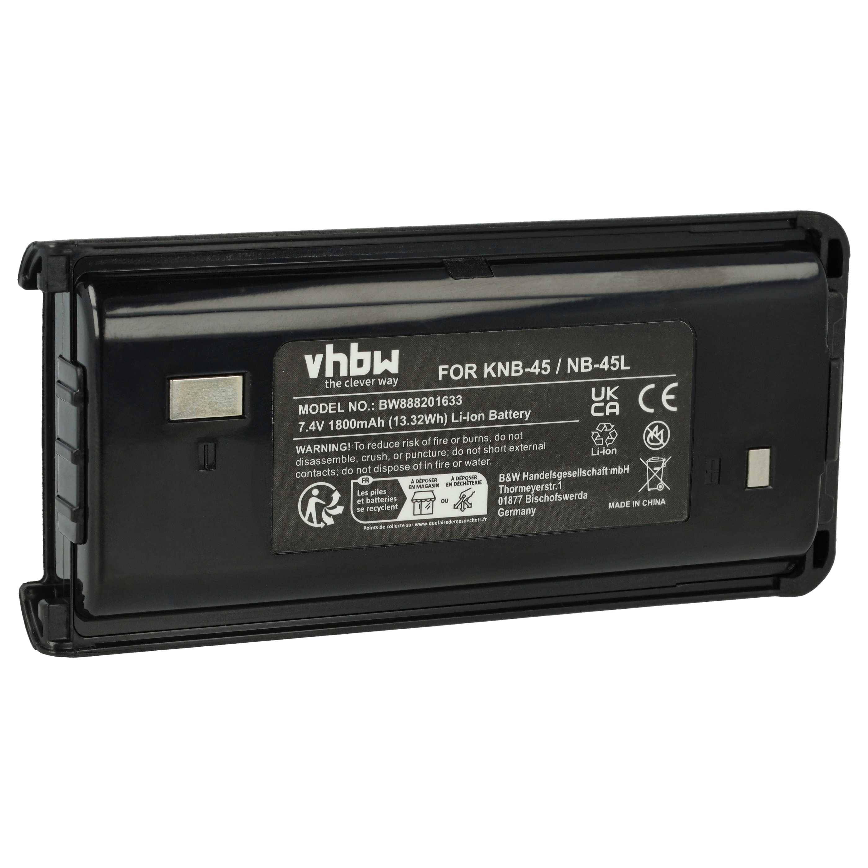 vhbw Akku kompatibel mit Kenwood TK-2302VK, TK-2302T, TK-2300VP, TK-2212M, TK-2212L, TK-2302E Funkgerät, Walkie Talkie (1800 mAh, 7,4 V, Li-Ion)