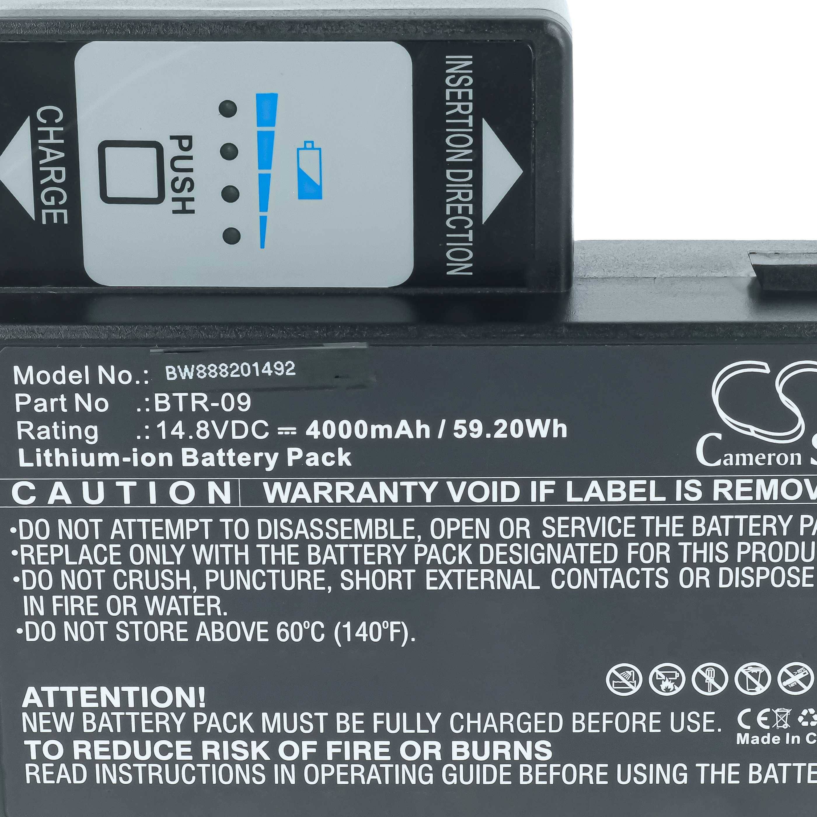 Nahaufnahme eines Lithium-Ionen-Akkupack-Etiketts mit Modell BTR-09, 14.8VDC, 4000mAh/59.20Wh, mit Sicherheitswarnungen und Einbarichtungsanweisungen.