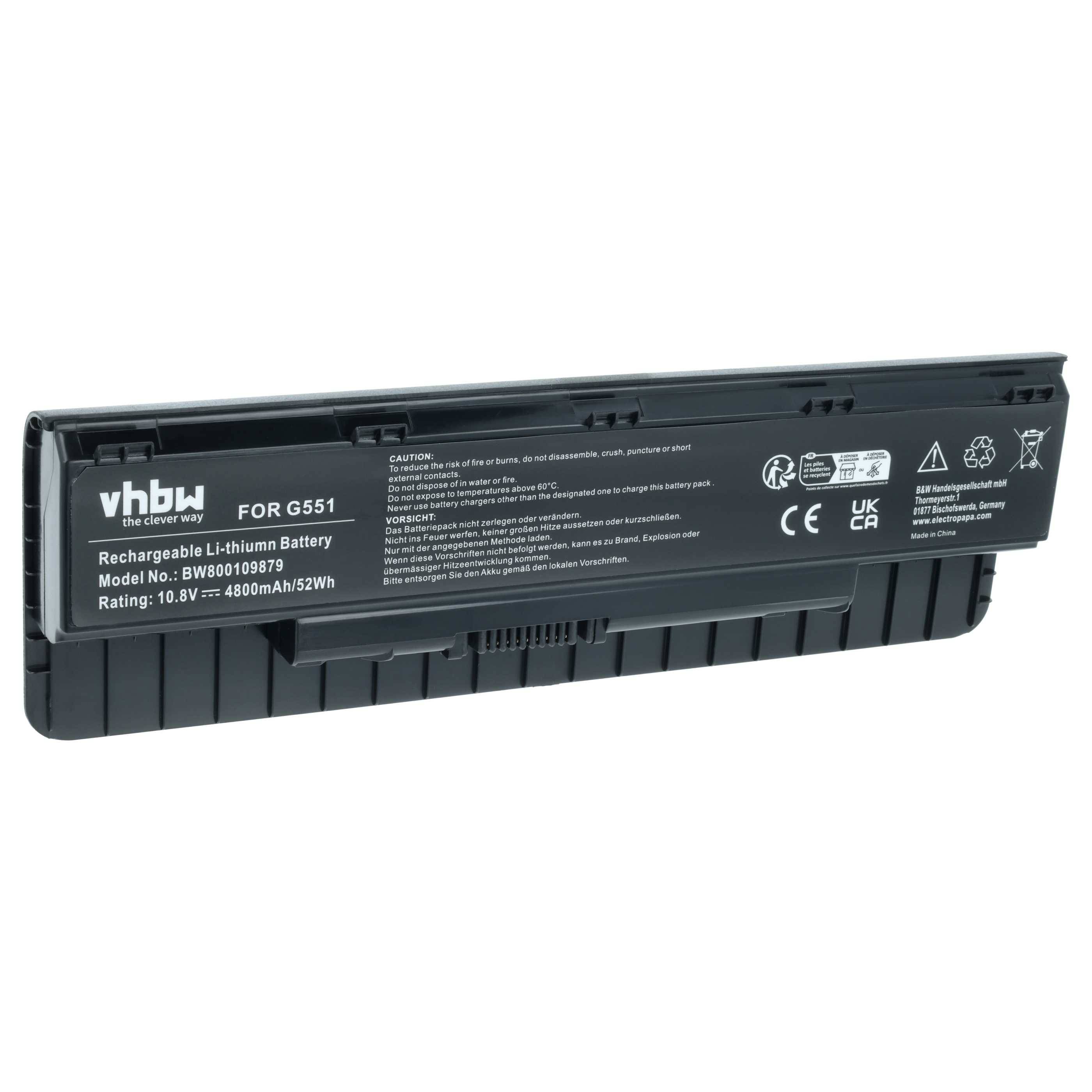 vhbw Akku kompatibel mit Asus G551JX-CN030, G551JW-DS71CA, G551JW-DM330T, G551JX, G551JW-DM282T Notebook (4800 mAh, 10,8 V, Li-Ion)