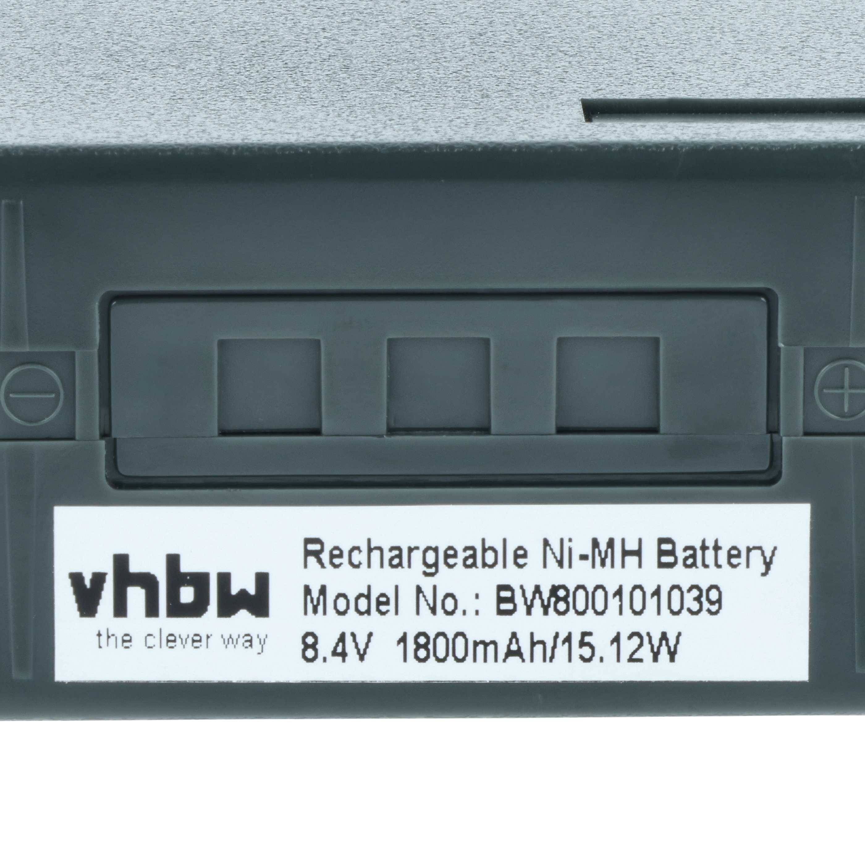 Wiederaufladbarer Ni-MH Akku, Modell BW80101039, 8,4V, 1800mAh, 15,12W. Markenlogo und Slogan 'vhbw the clever way' sind sichtbar.