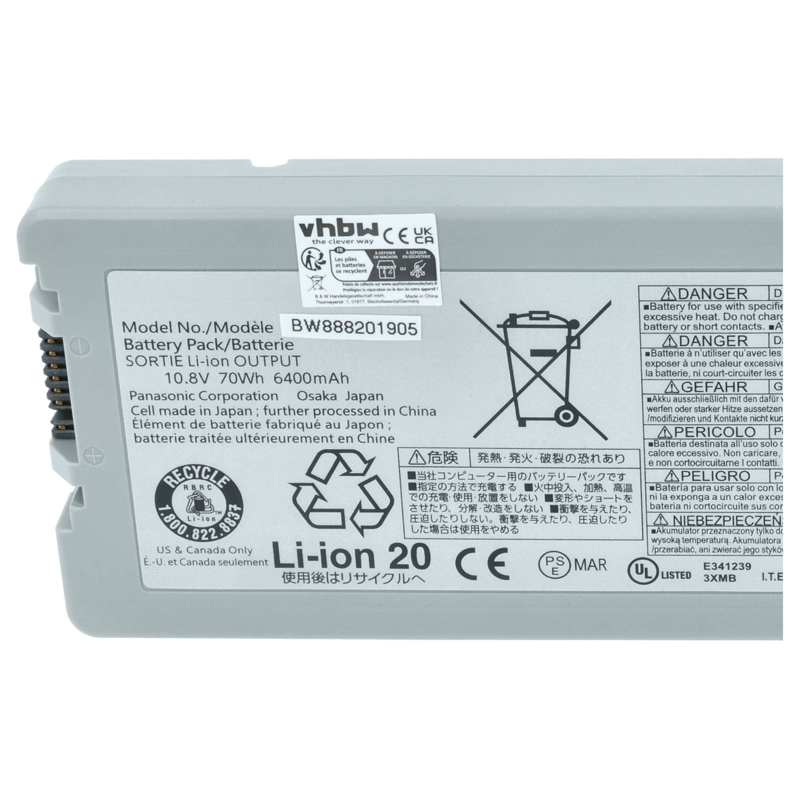 vhbw Akku Ersatz für Panasonic CF-VZSU80U, CF-VZSU83U, CF-VZSU82U für Notebook (6400 mAh, 10,8 V, Li-Ion)