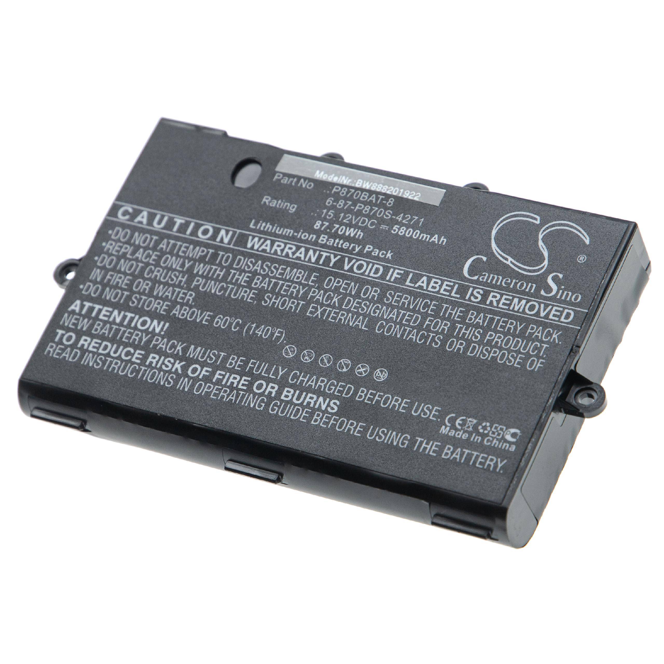 vhbw 1x Akku Ersatz für Clevo P870BAT-8, 6-87-P870S-4273A für Notebook (5800 mAh, 15,12 V, Li-Ion)