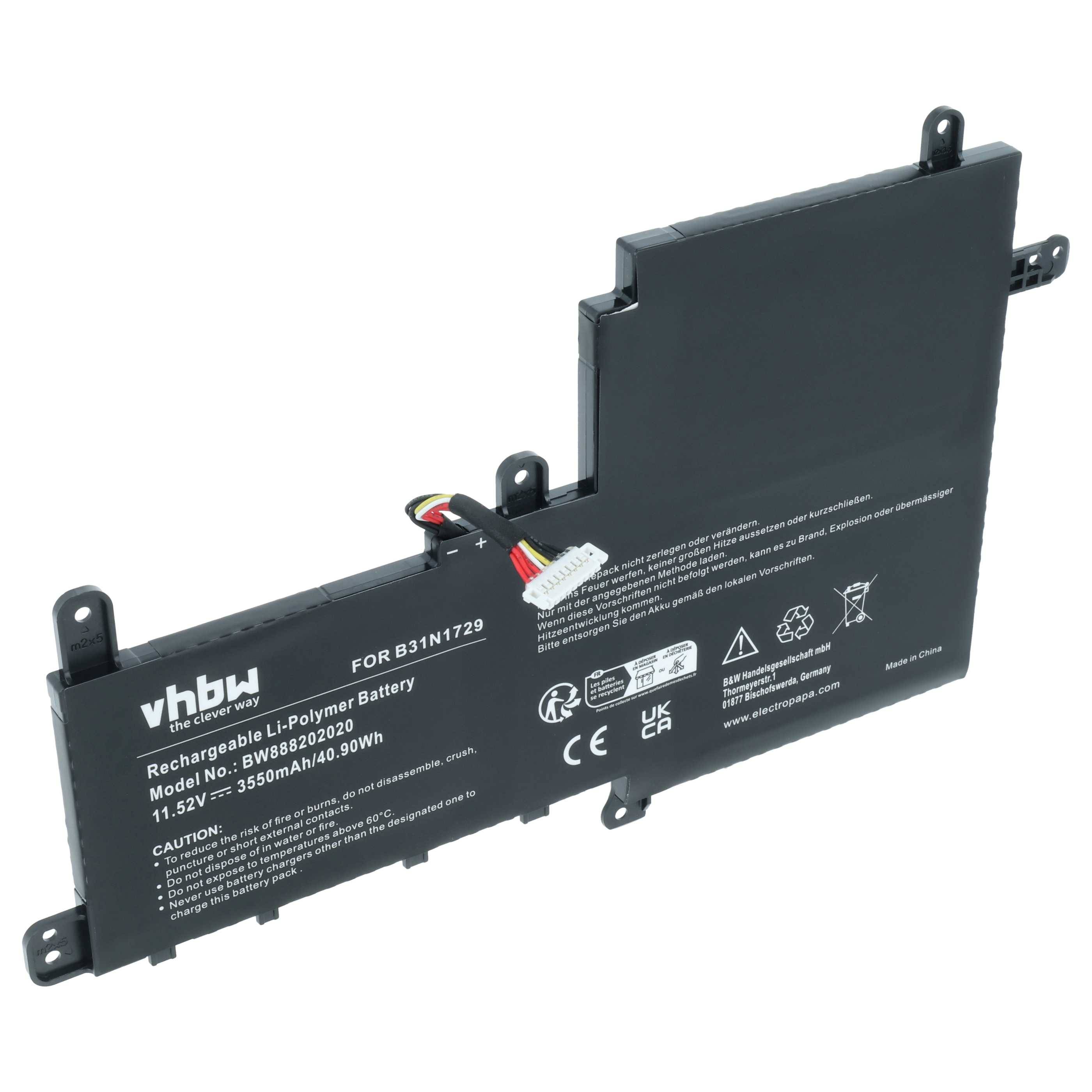 Wiederaufladbare Li-Polymer-Batterie für spezifische Geräte, Modell B31N1729, 11,5V, 3500mAh, gekennzeichnet mit Sicherheits- und Recycling-Symbolen.