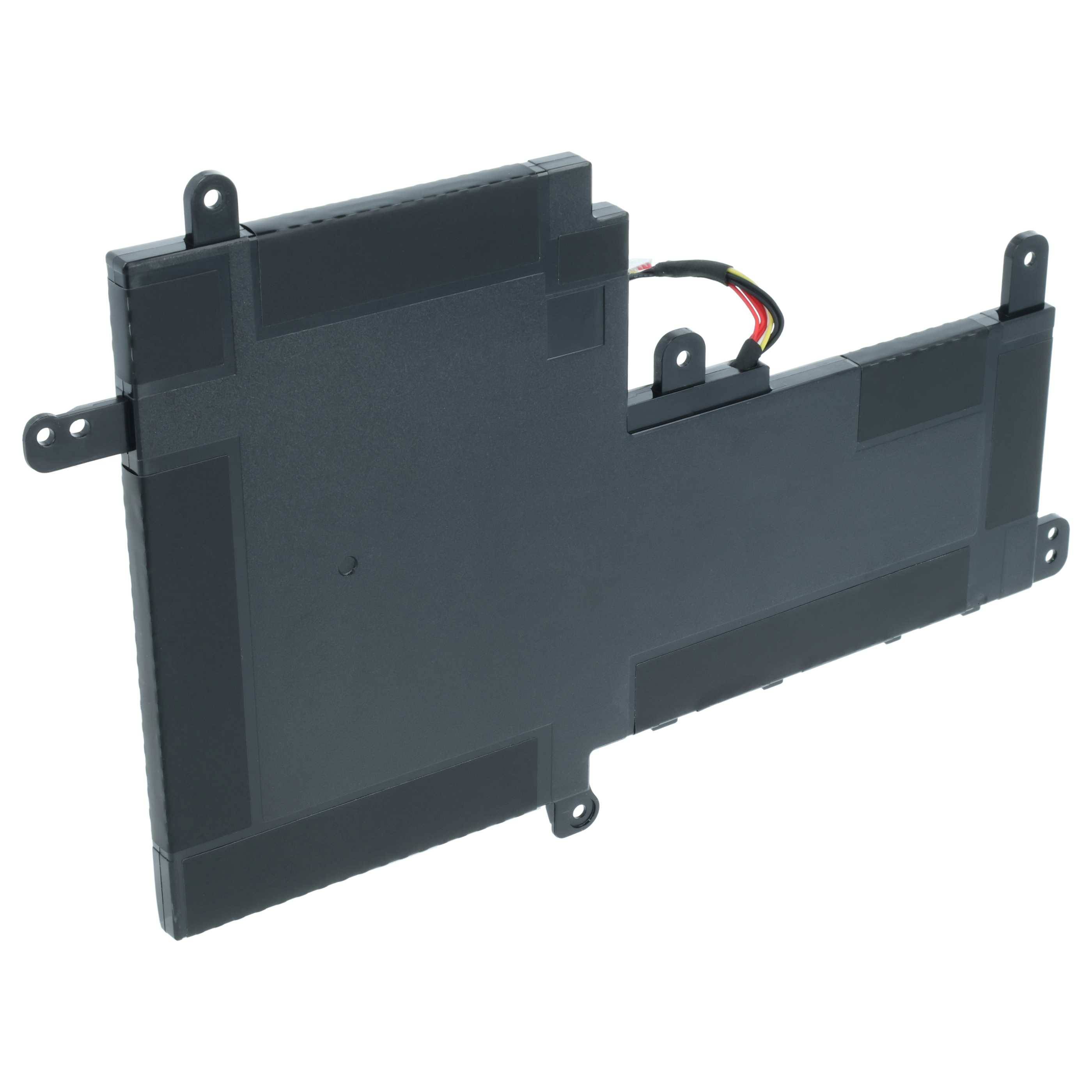 Eine schwarze, rechteckige Laptop-Batterie mit angebrachten Drähten, mit mehreren Montage-Laschen zur Installation.