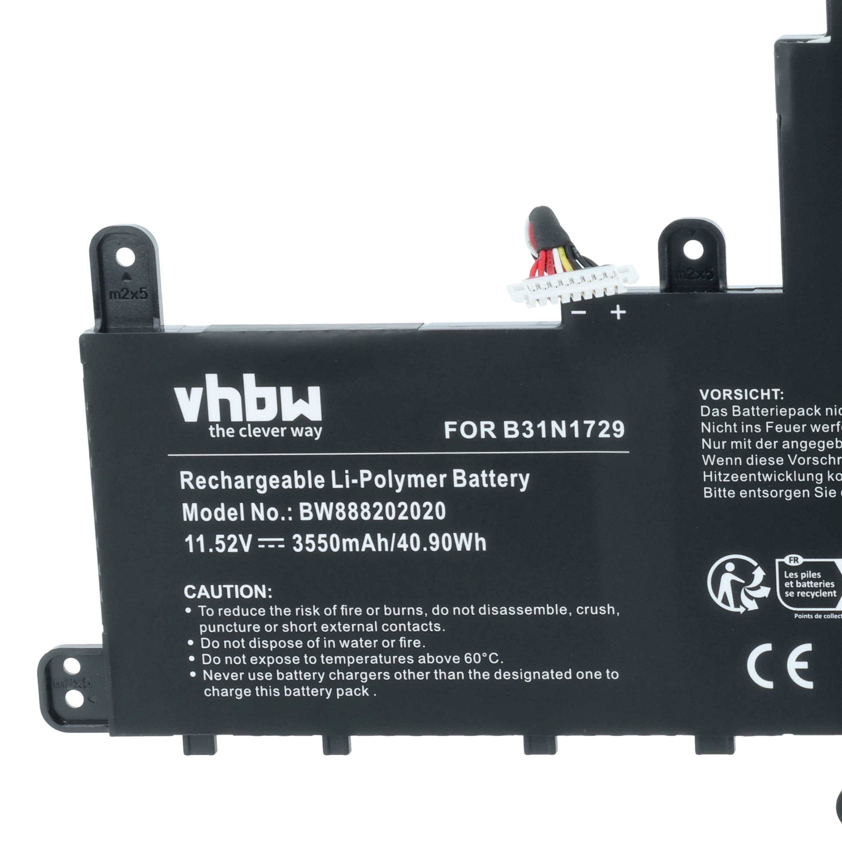 Aufladbare Li-Polymer-Batterie, Modell B31N1729, 11,52V, 3550mAh/40,90Wh, von vhbw. Brandgefahr vermeiden und nur korrekte Ladegeräte verwenden.