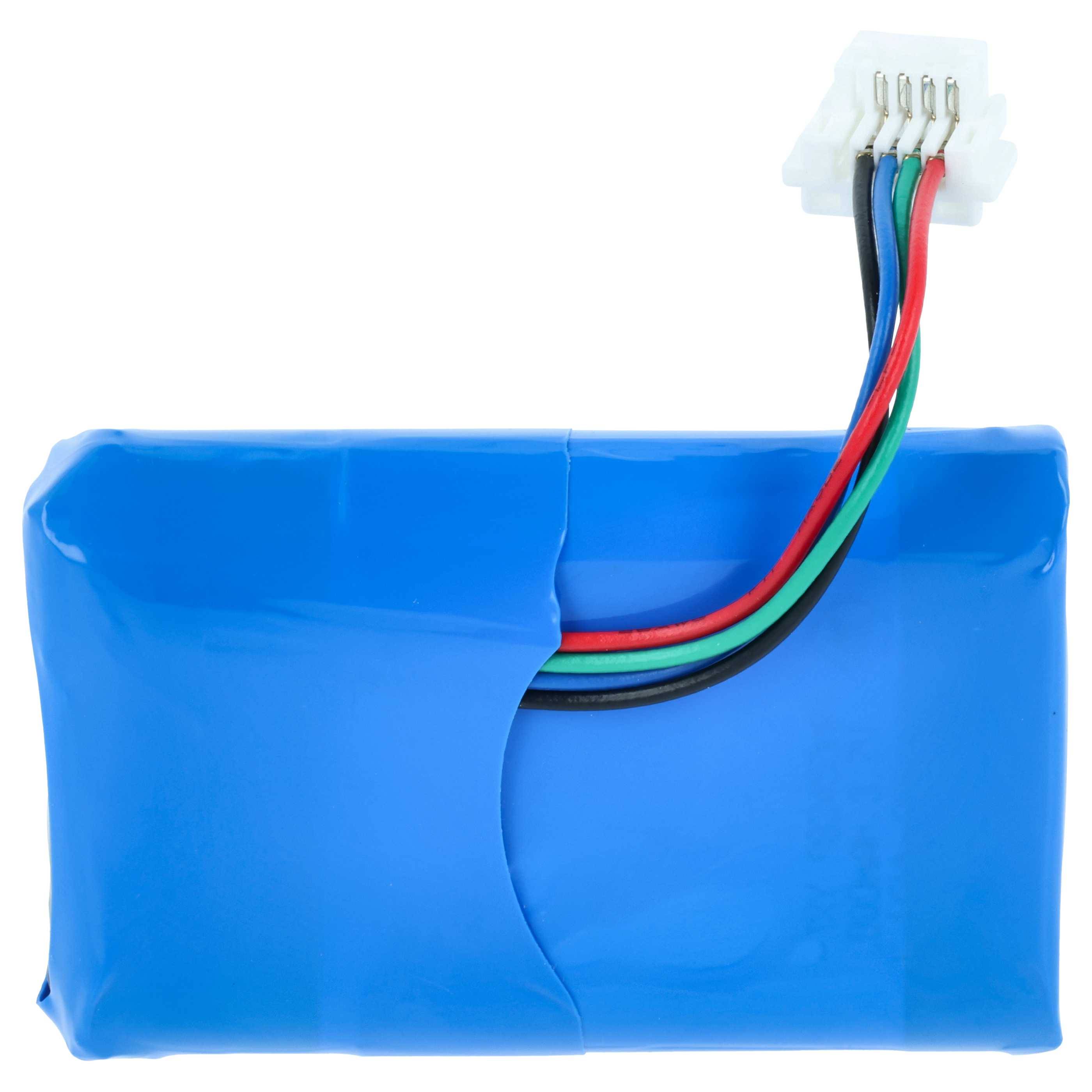 Ein blauer Lithium-Ionen-Akkupack mit freiliegenden schwarzen, roten, grünen und blauen Kabeln, die an einen weißen Stecker angeschlossen sind.