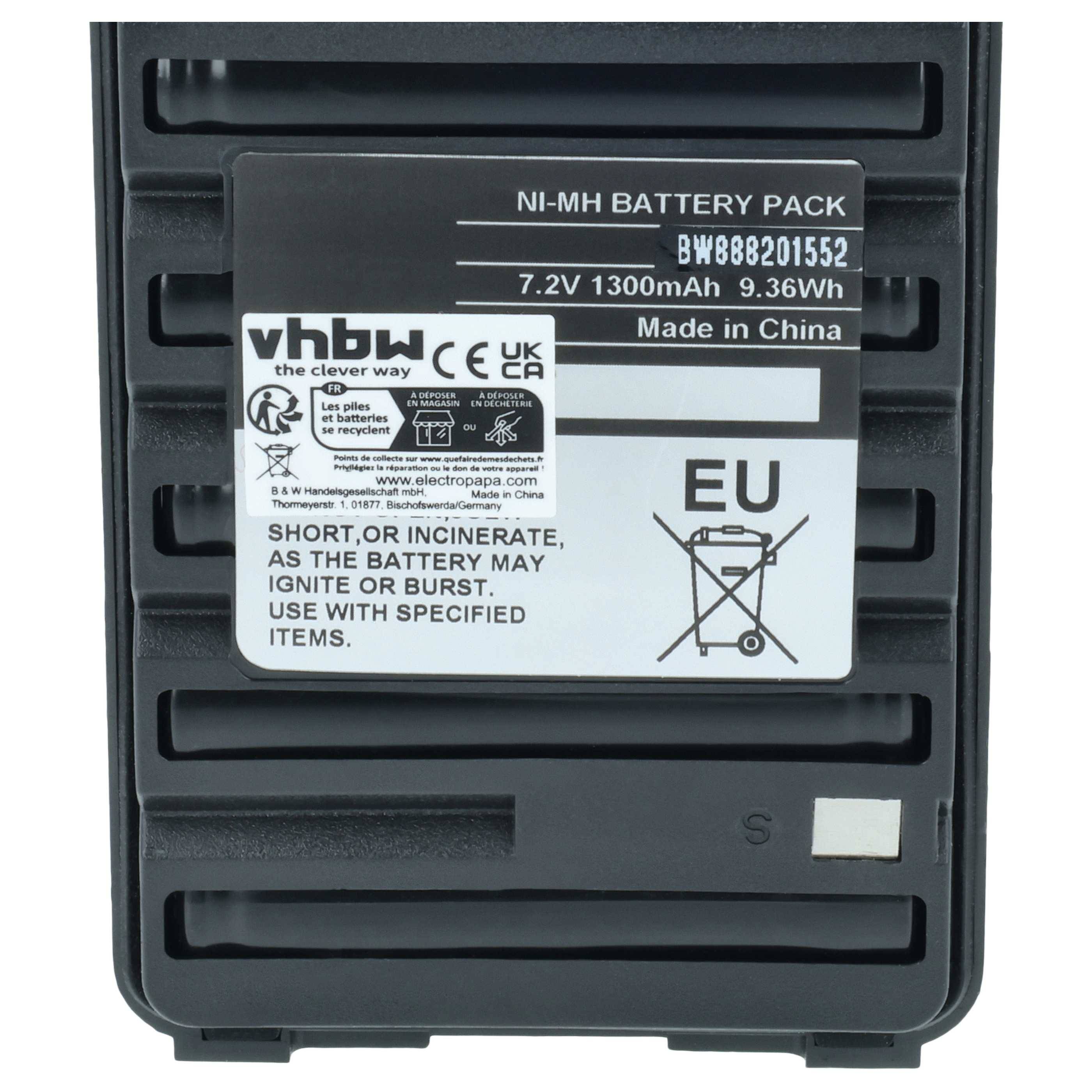 Nahaufnahme eines Etiketts einer Ni-MH-Batterieplatte mit der Aufschrift „7,2V 1300mAh 9,36Wh