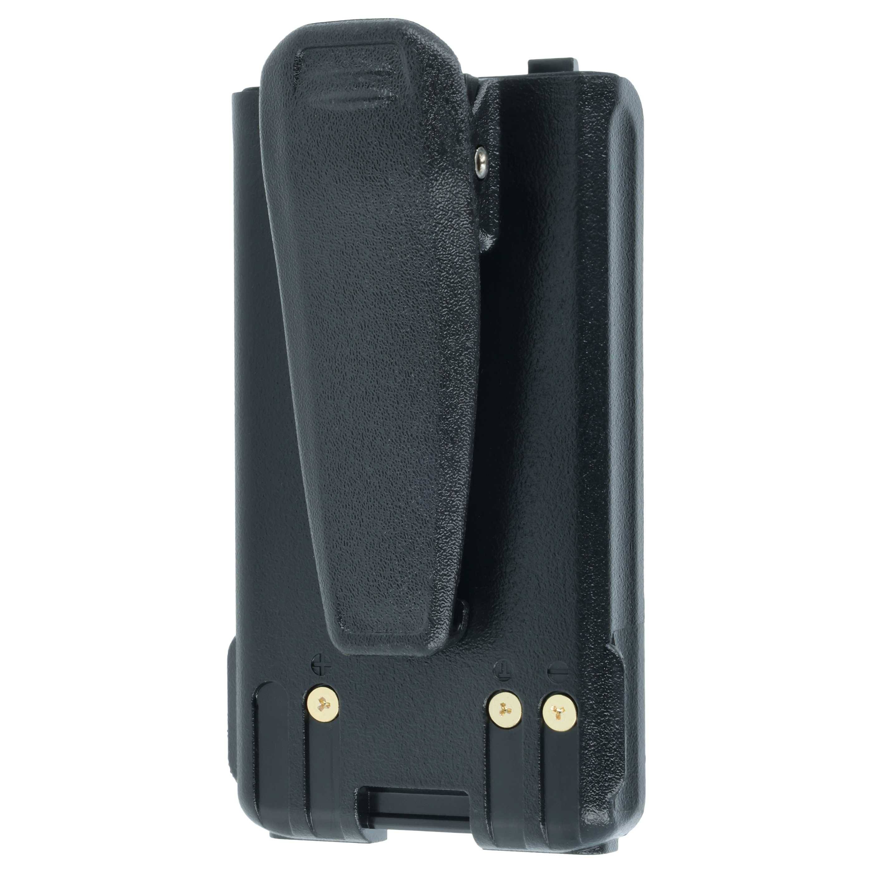 Schwarze bidirektionale Funkgerätebatterie mit Gürtelclip, isoliert auf weißem Hintergrund dargestellt.