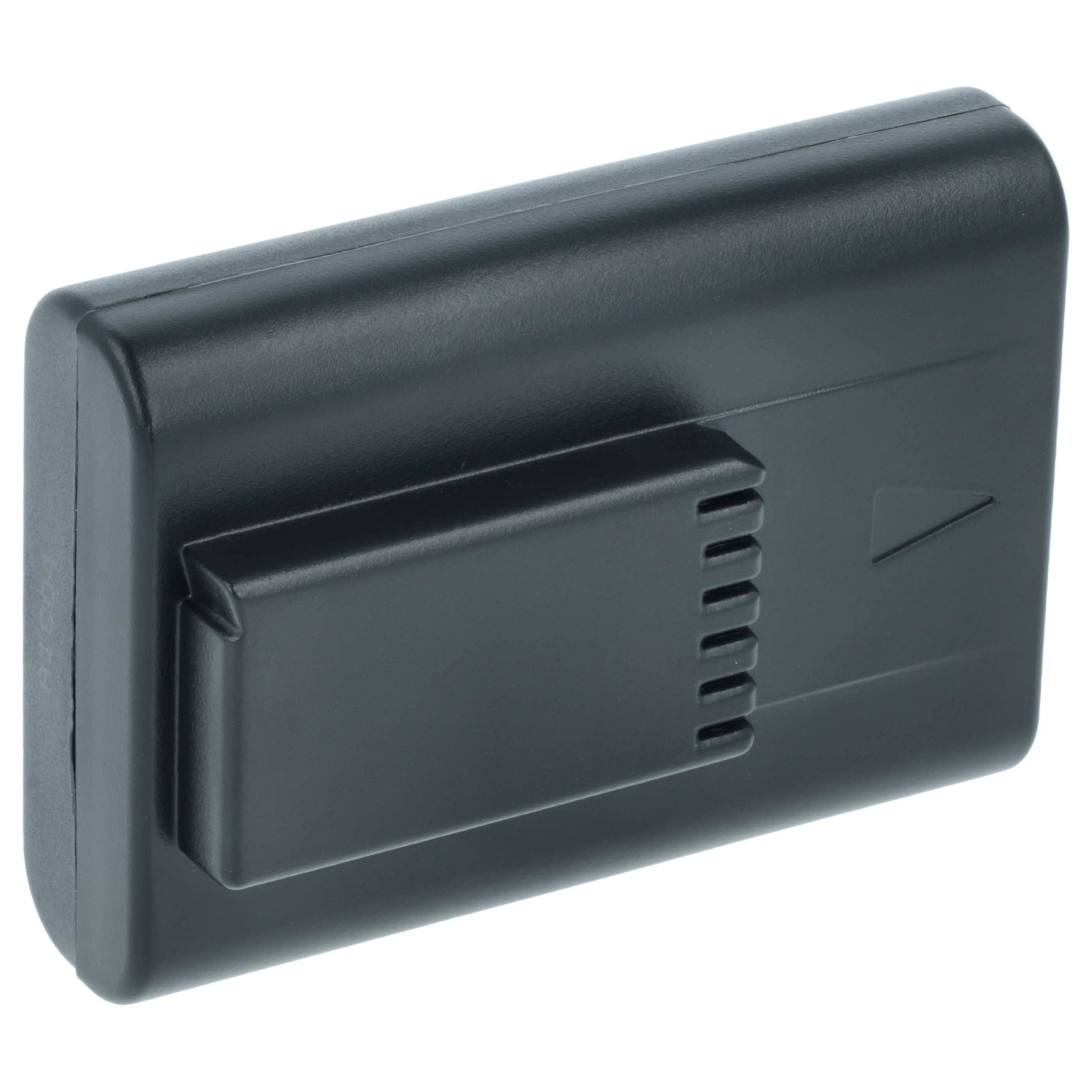 Ein rechteckiger schwarzer Batteriepack mit strukturiertem Griff und einem Pfeilindikator an einer Seite.