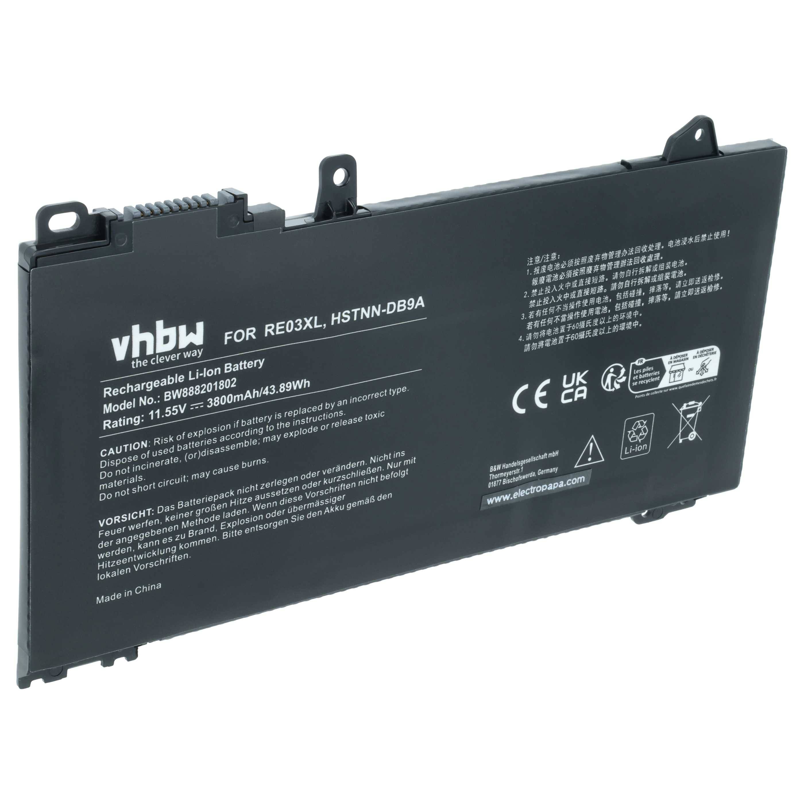 vhbw Akku kompatibel mit HP Zhan 66 G2 14 6MU54PC, 66 G2 14 6SP53PC, 66 G2 15-6JB27AA Notebook (3800mAh, 11,55V, Li-Polymer)