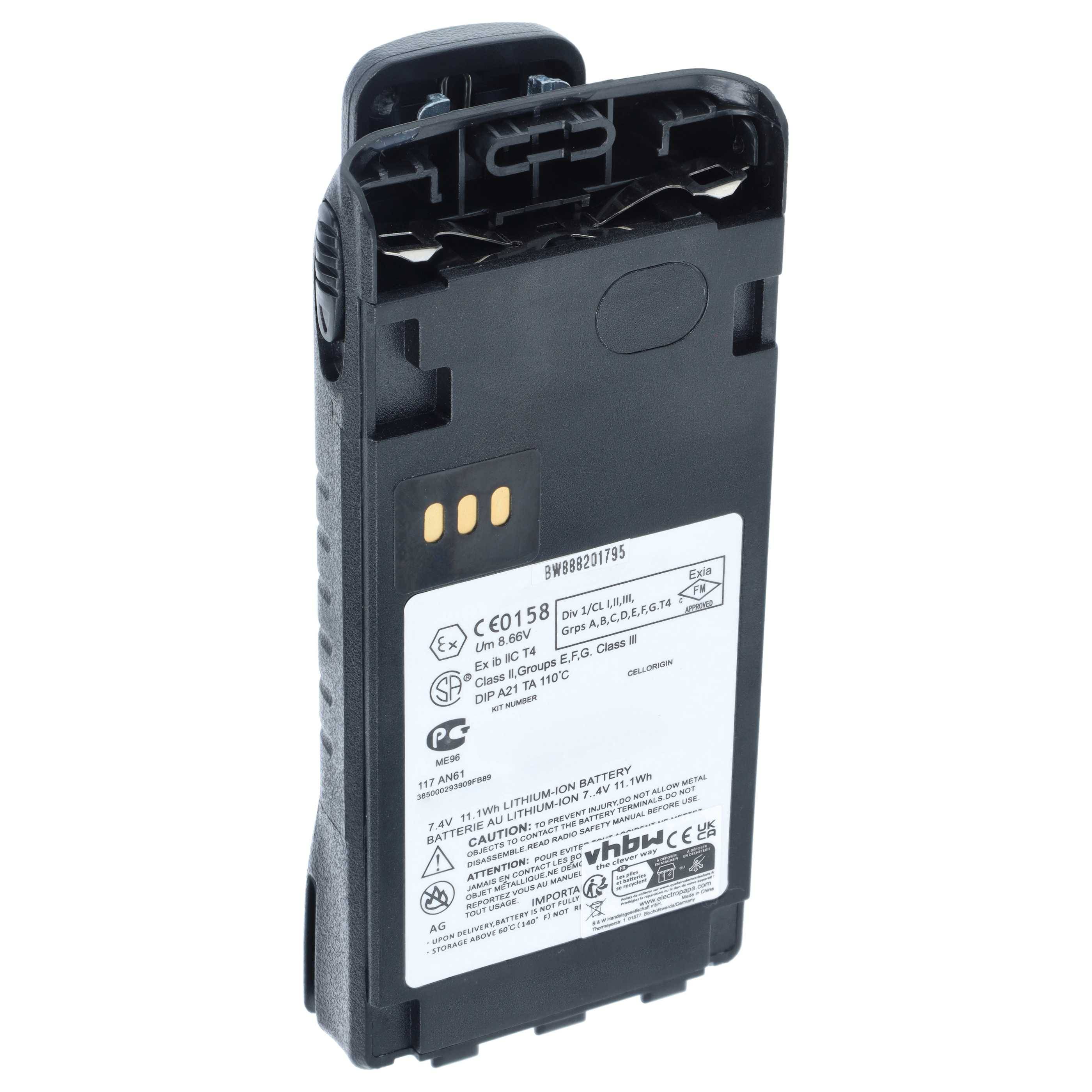 Schwarzes wiederaufladbares Handy-Batteriepack mit freigelegten Steckkontakten und einem Etikett mit Zertifizierungs- und Kapazitätsinformationen.
