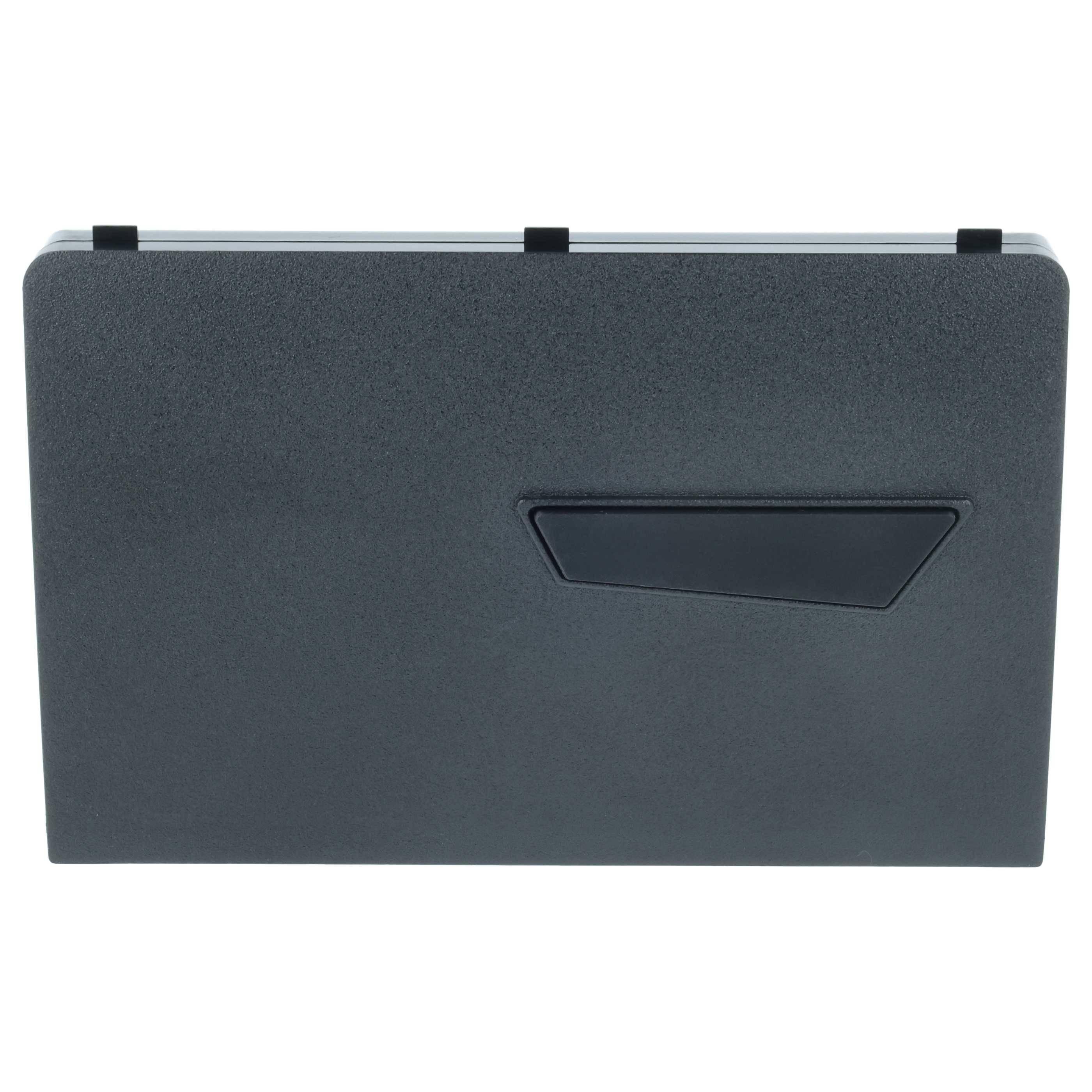 Eine schwarze rechteckige Schachtel mit einer kleinen dreieckigen Einbuchtung in der Mitte auf einer Seite.