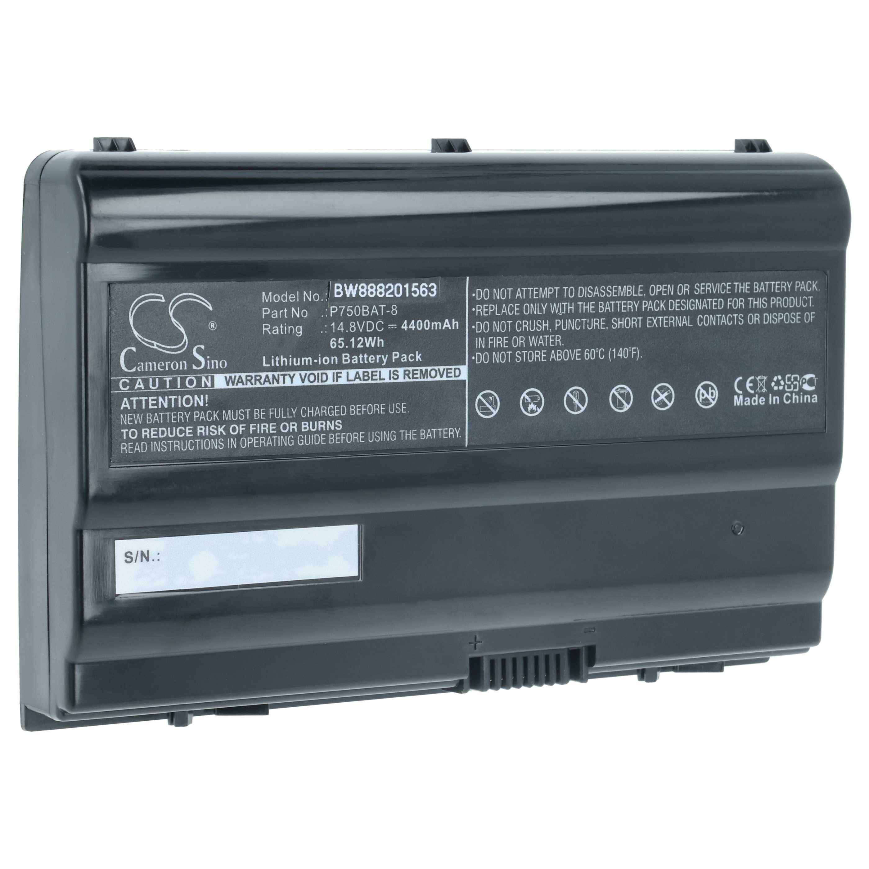 Ein rechteckiger Lithium-Ionen-Akku mit Etikett mit folgenden Spezifikationen: Modell BW88820156G, 14,8V, 4400mAh, hergestellt in China.