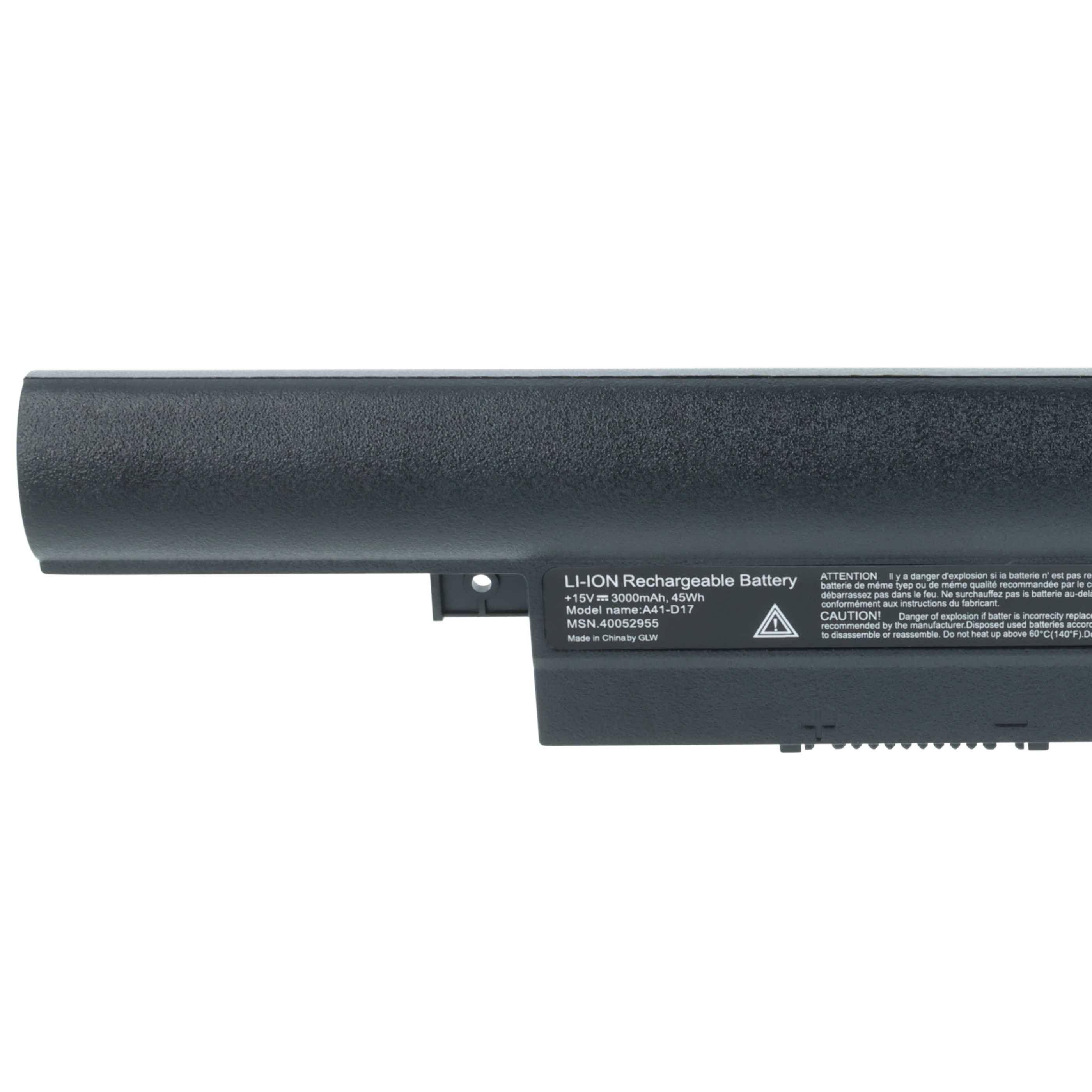 Schwarze Lithium-Ionen-Akku mit sichtbaren Modell- und Warnhinweisen an der Seite.