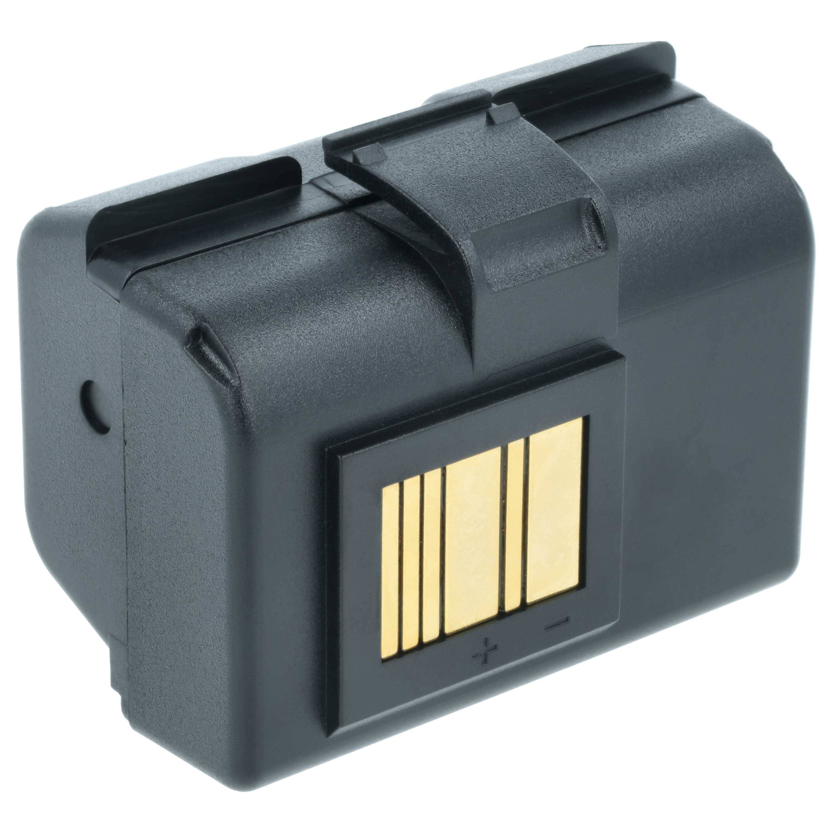 Eine schwarze Lithium-Ionen-Batterie mit goldenen Kontaktpunkten auf einer Seite. Die Batterie hat eine rechteckige Form und einen Riegel oben.