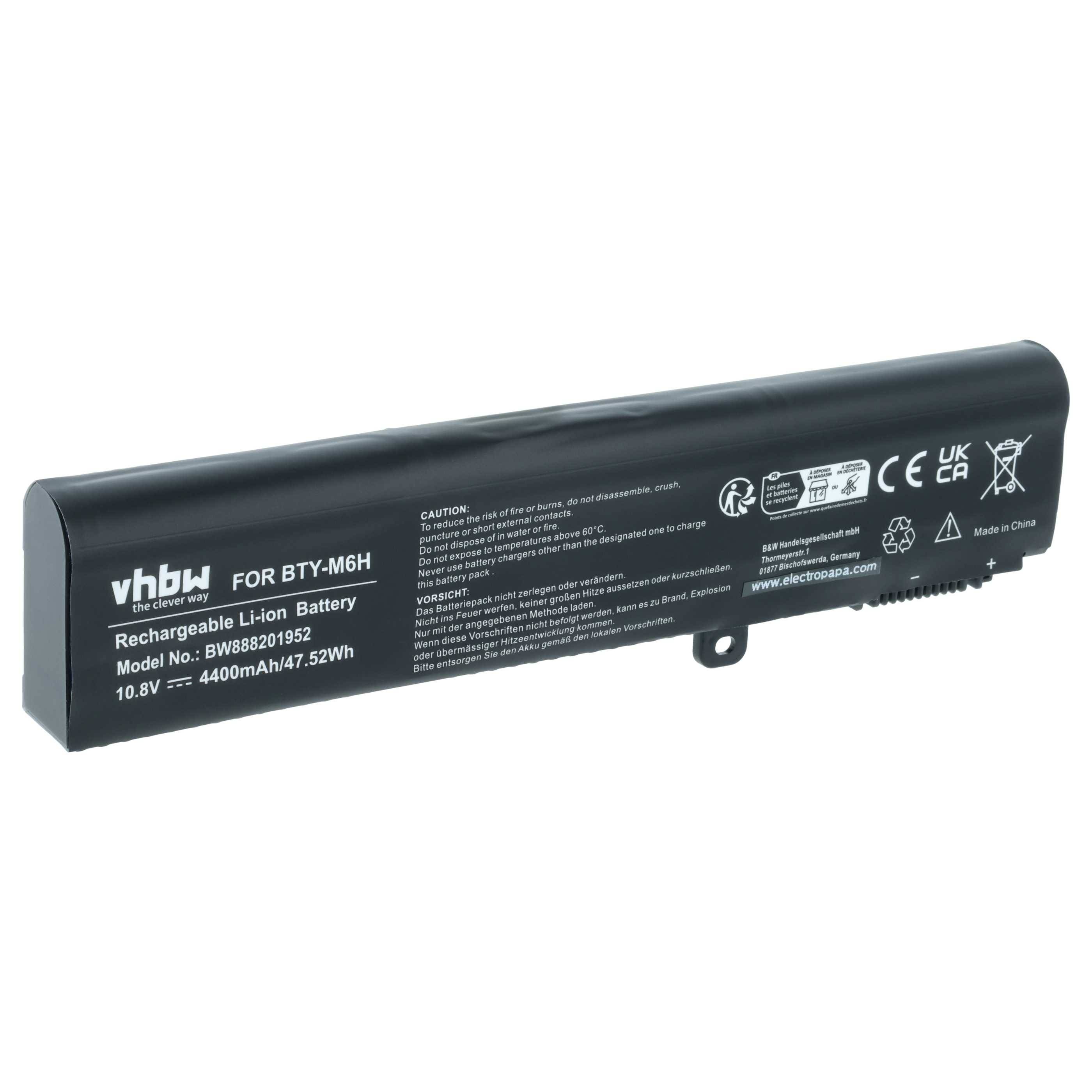vhbw 1x Akku kompatibel mit MSI PE60, PE60 6QE, MS-1795, PE70, MS-1792, MS-16JB-SKU6, MS-16J6 Notebook (4400 mAh, 10,8 V, Li-Ion)