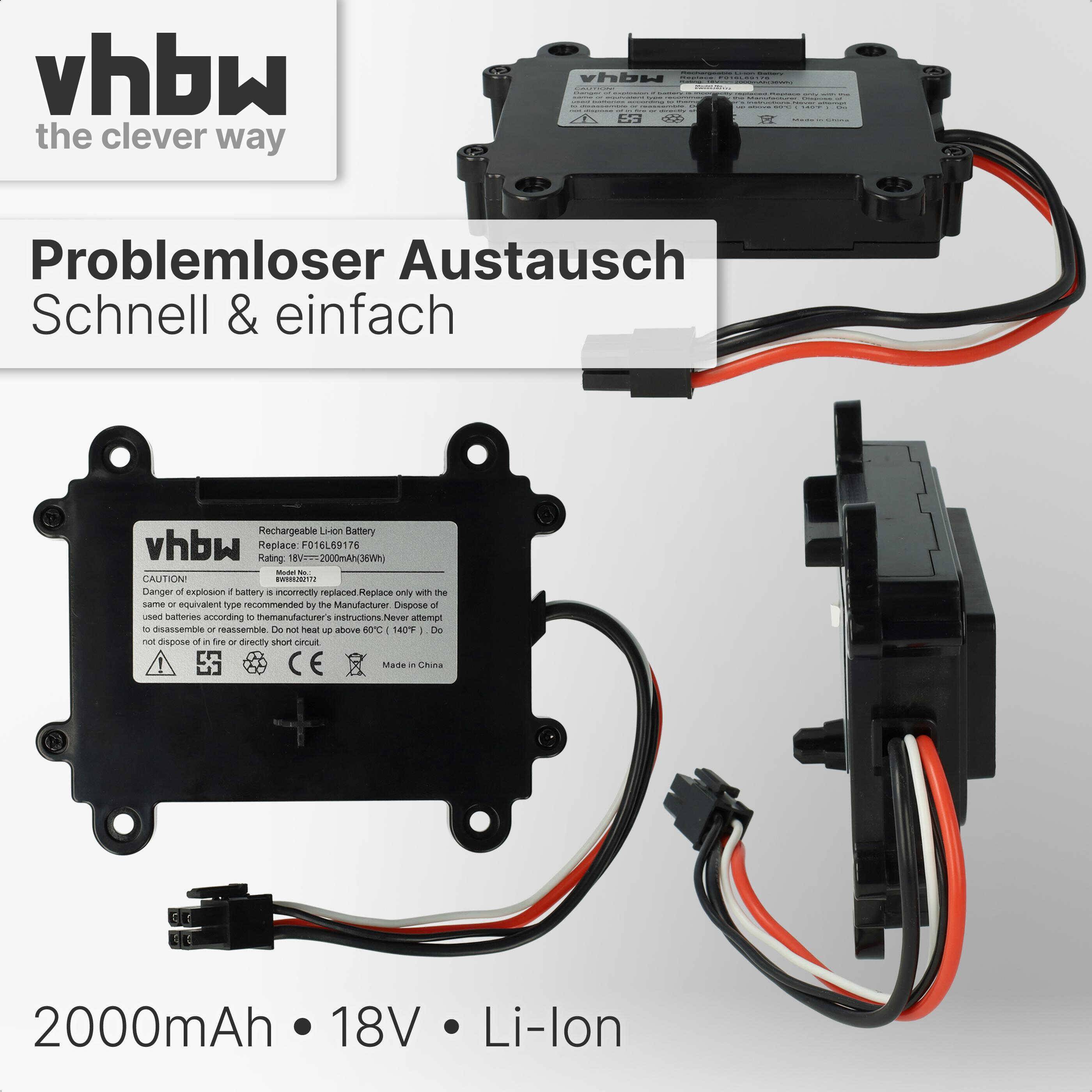 vhbw Akku Ersatz für Bosch F 016 104 898, F016104898, F016L69176 für Rasenroboter Rasenmäher (2000mAh, 18V, Li-Ion)