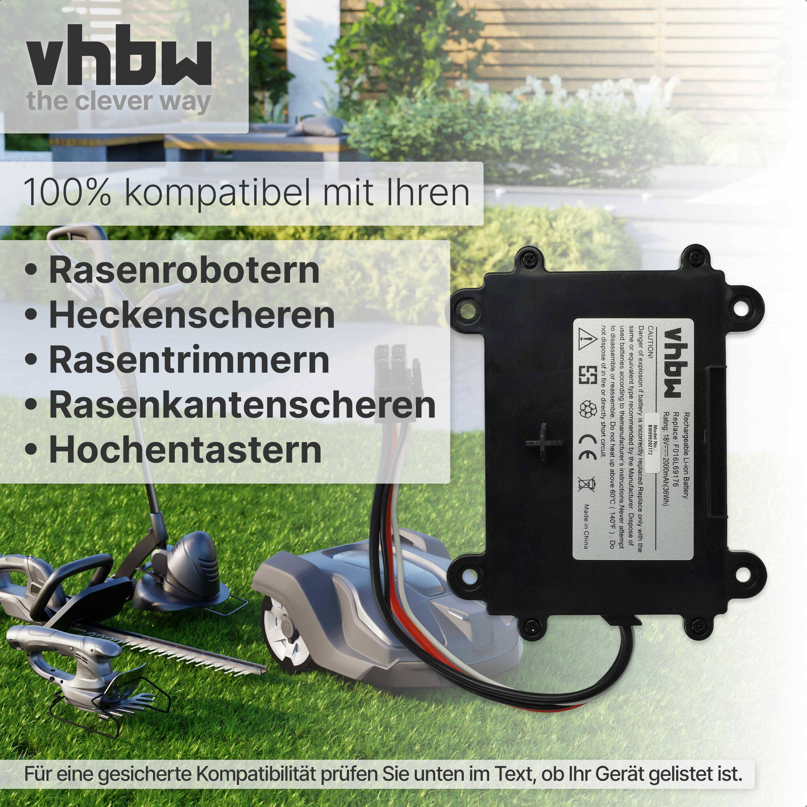 vhbw Akku Ersatz für Bosch F 016 104 898, F016104898, F016L69176 für Rasenroboter Rasenmäher (2000mAh, 18V, Li-Ion)
