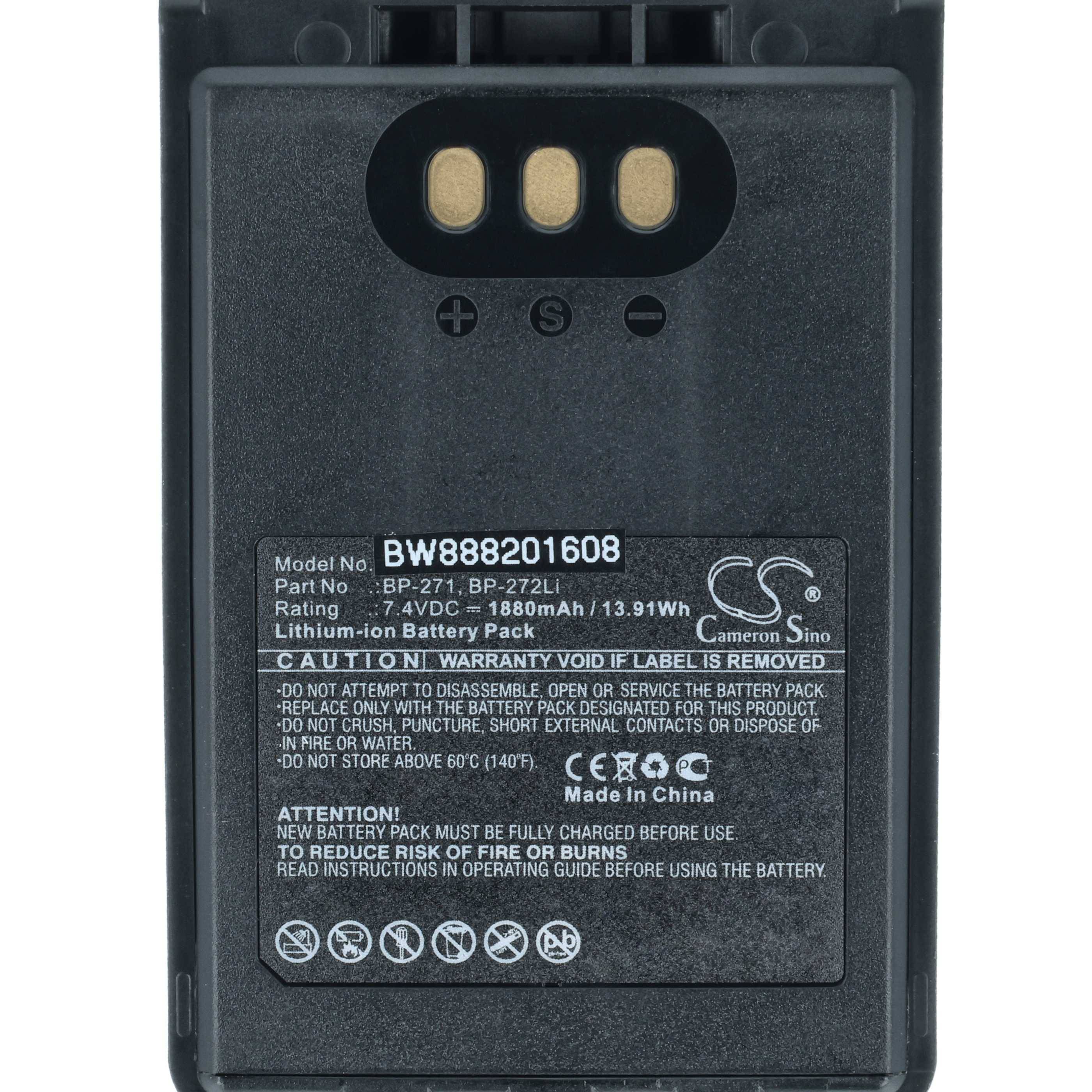 Lithium-Ionen-Akkupack mit Modellnummer BP-272L, 7,4 VDC, 1880 mAh. Warnhinweise umfassen Nutzungsrichtlinien und potenzielle Risiken.