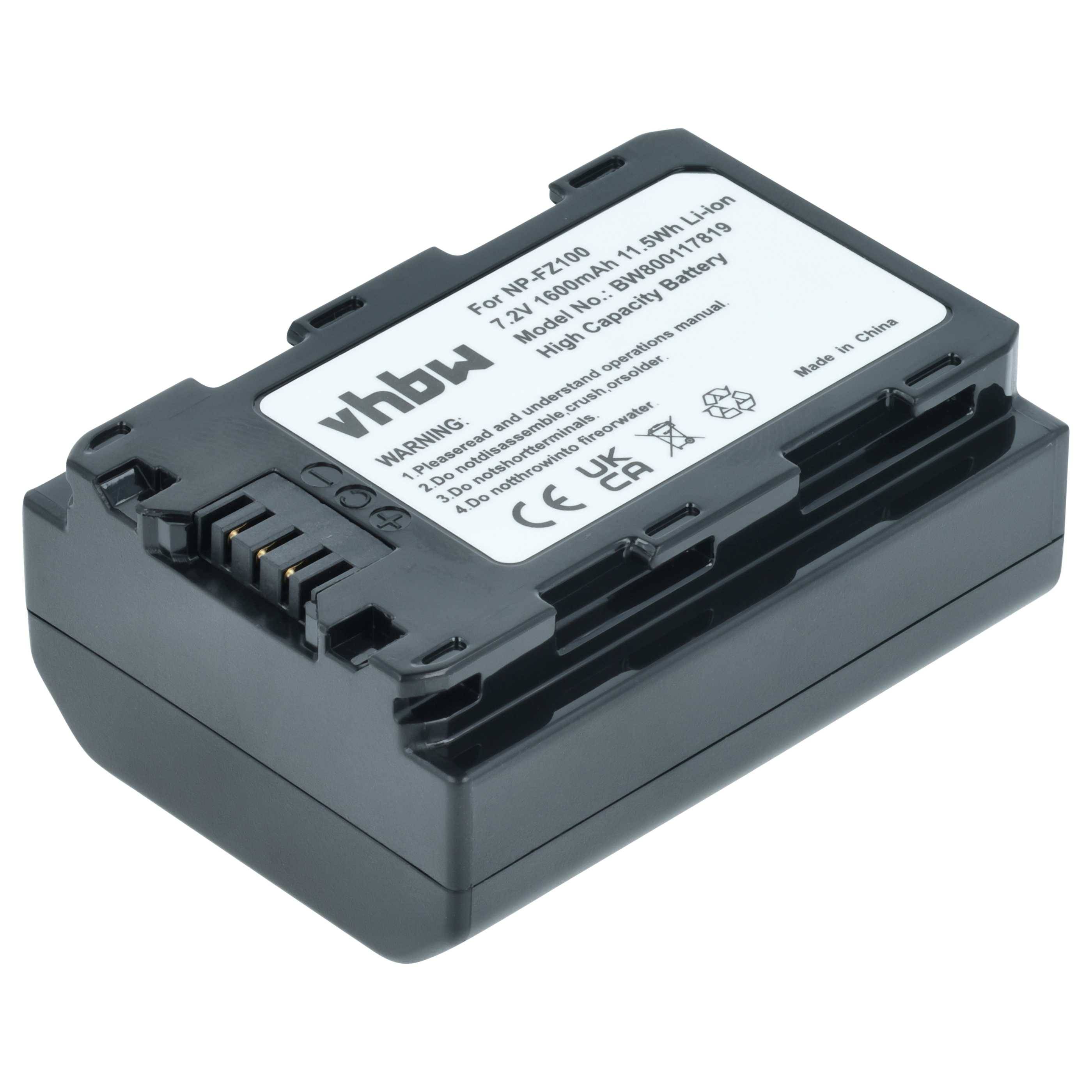 Eine schwarze rechteckige Kamera-Batterie mit einem weißen Etikett, das das Modell 'FZ100', 7,2V, 1600mAh und Sicherheitswarnungen zeigt.