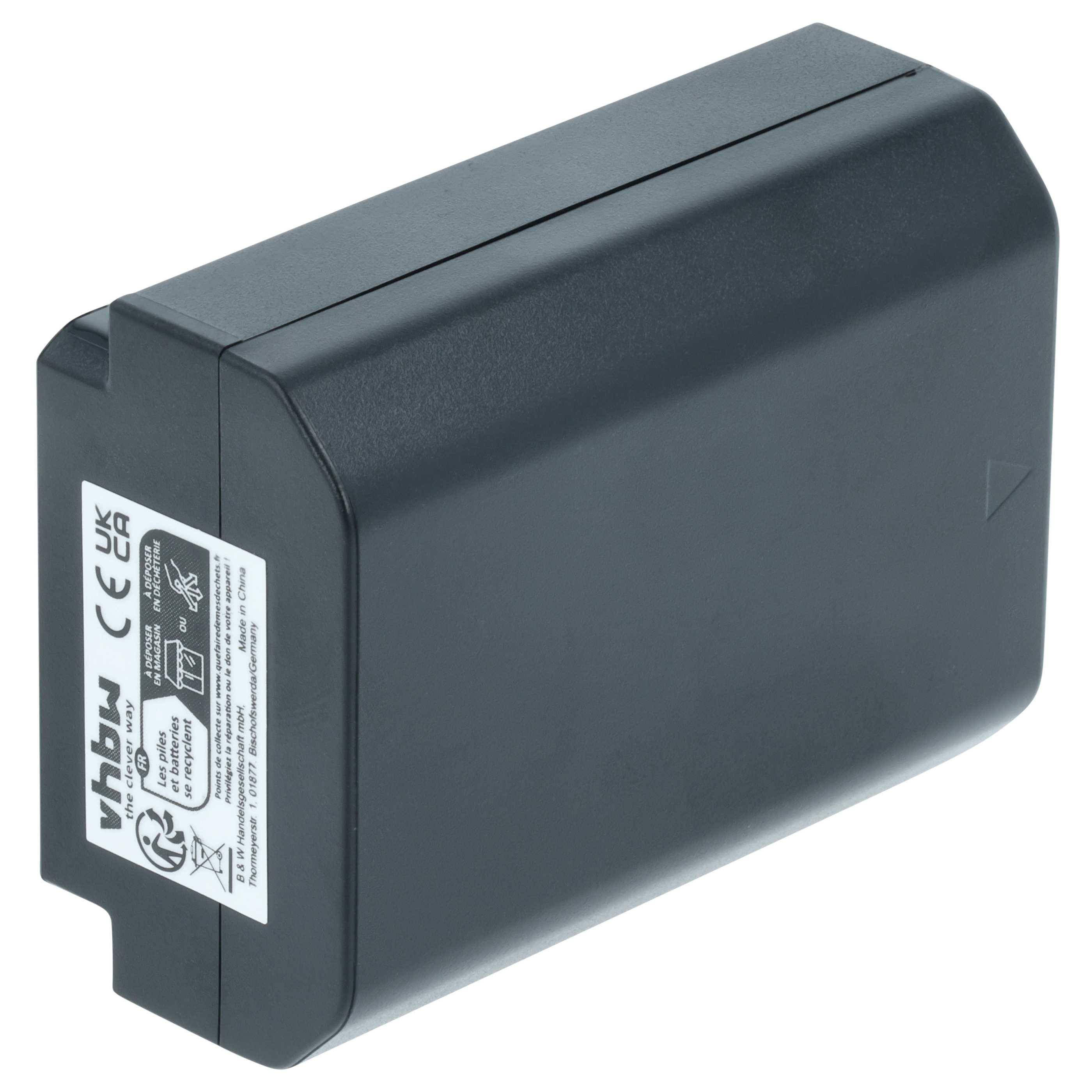 vhbw CE' markierte wiederaufladbare Batterie mit Sicherheitssymbolen und Zertifizierungsetikett an der Seite.